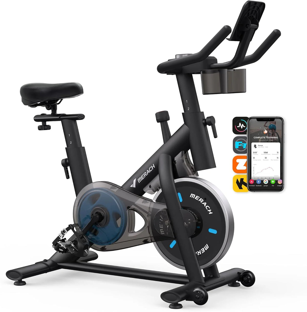 MERACH exercise bike, brake pads with exclusive app, low noise indoor stationary bike