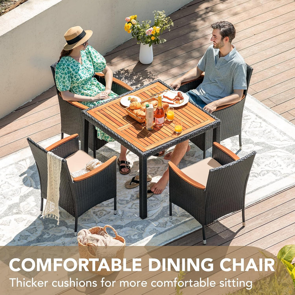Devoko Dining 7 PCS Furniture Patio Conversation Set with Acacia Wood Table Top Rattan Outdoor
