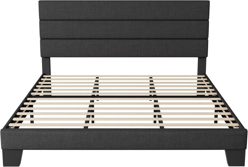 Allewie Queen Size Platform Bed Frame Fabric Upholstered Headboard Wooden Slats Support