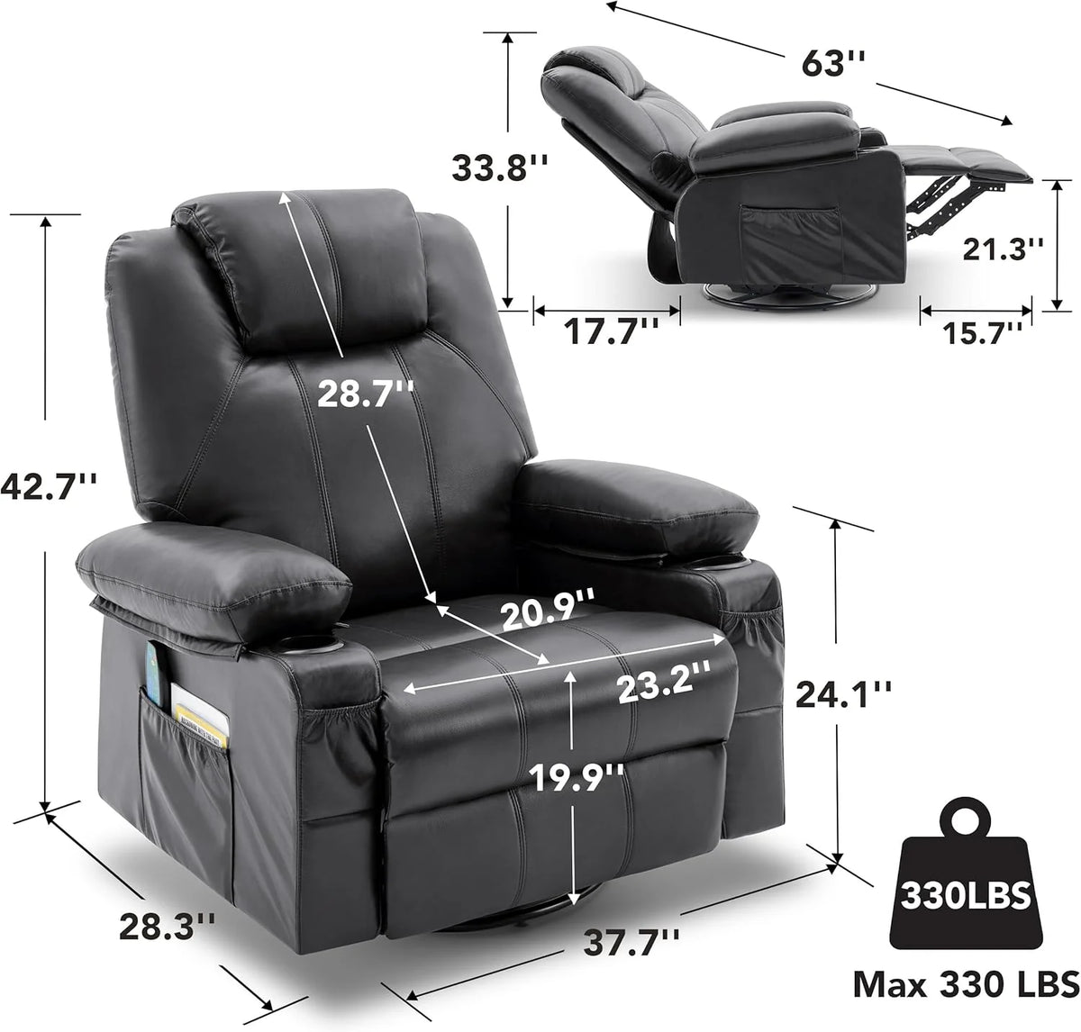 Large Swivel Rocking Recliner with Heating and Massage Function, 360 Degree Swivel Rocking Single Sofa