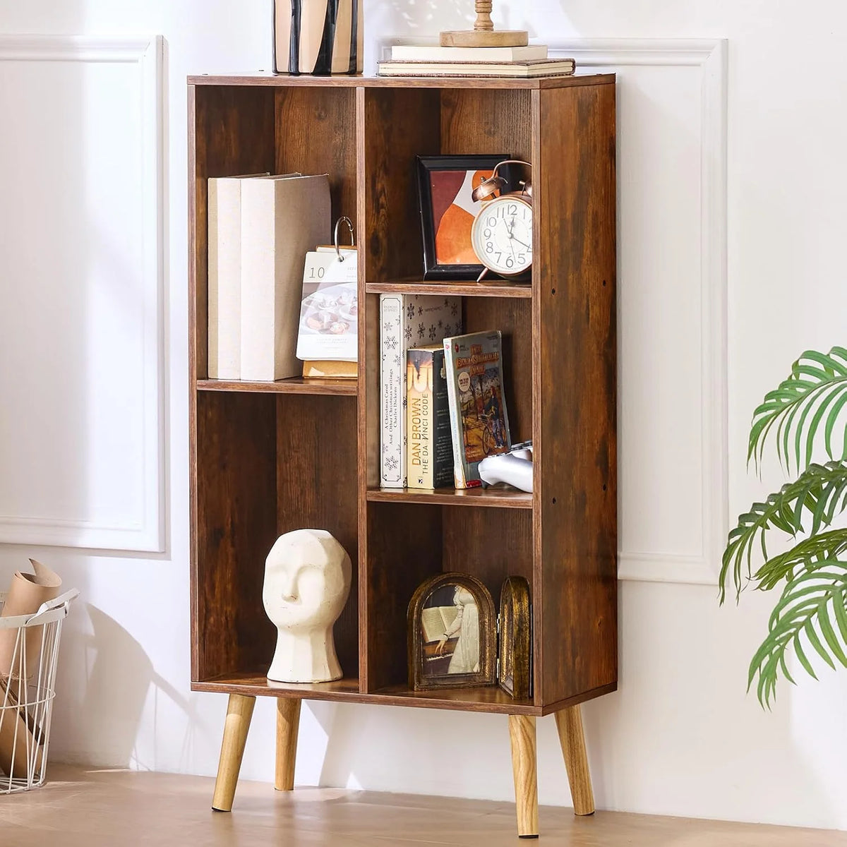 LEYAOYAO Wooden 7 Cube Book Shelf Natural Bookshelf Legs Modern Open Storage Organizer