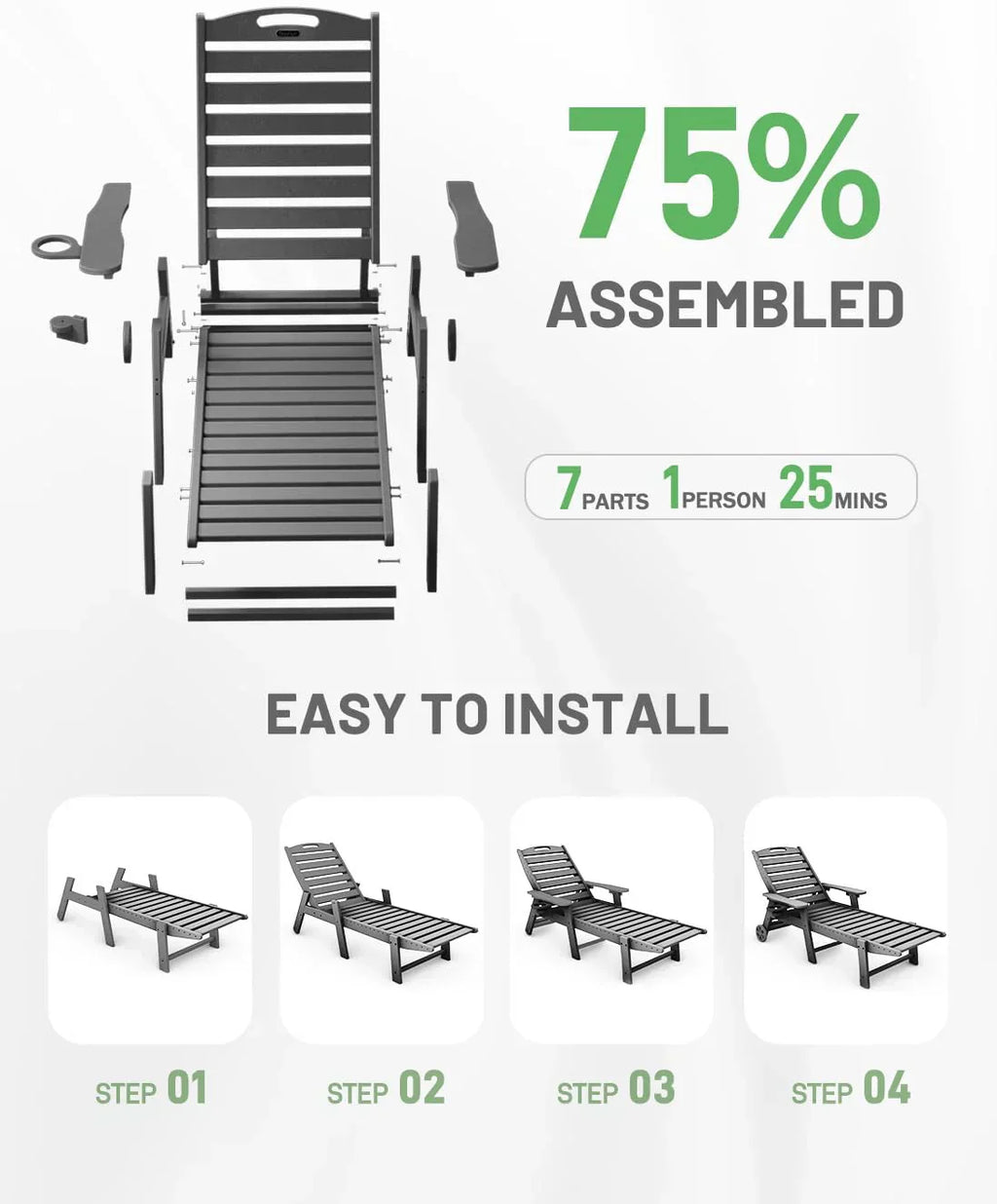 Lounge Chair Outdoor Chaise Lounge HDPE 6-Position Outdoor Chaise Lounge Patio Lounge Chair