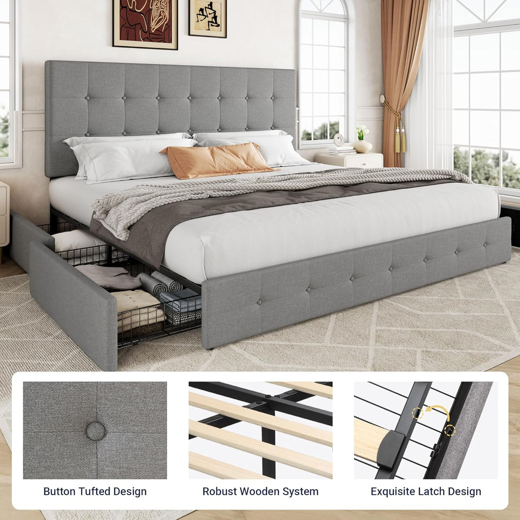 Allewie Upholstered Queen Size Platform Bed Frame with 4 Storage Drawers and Headboard