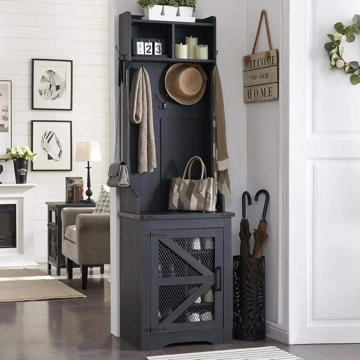 JXQTLINGMU 59-inch Farmhouse Foyer Tree Shoe Storage Entryway Bench Foyer Coat Rack Cabinet