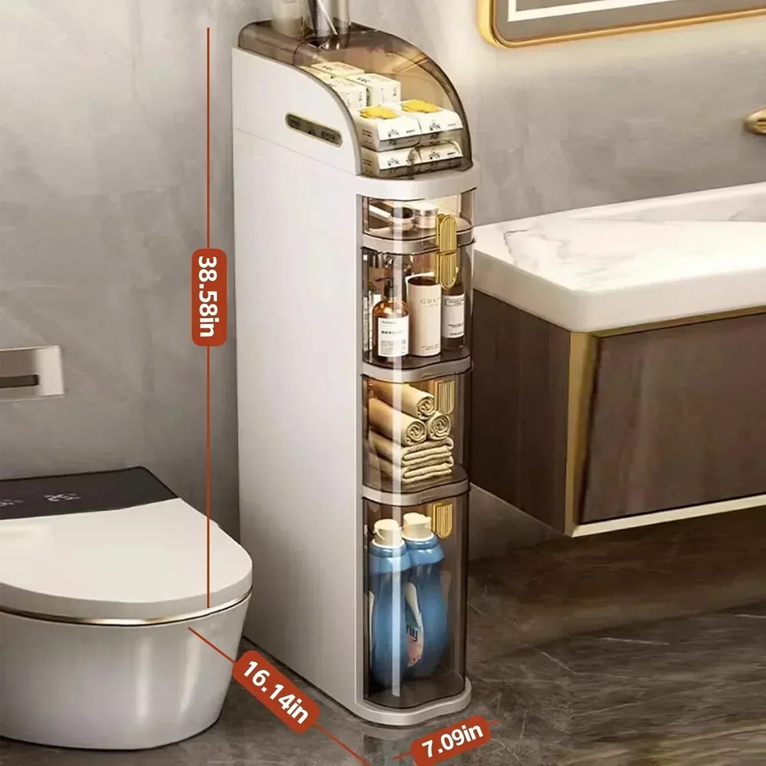 4-Tiers Narrow Bathroom Storage Cabinet 7.1 Slim Bathroom Floor Organizer with Drawers