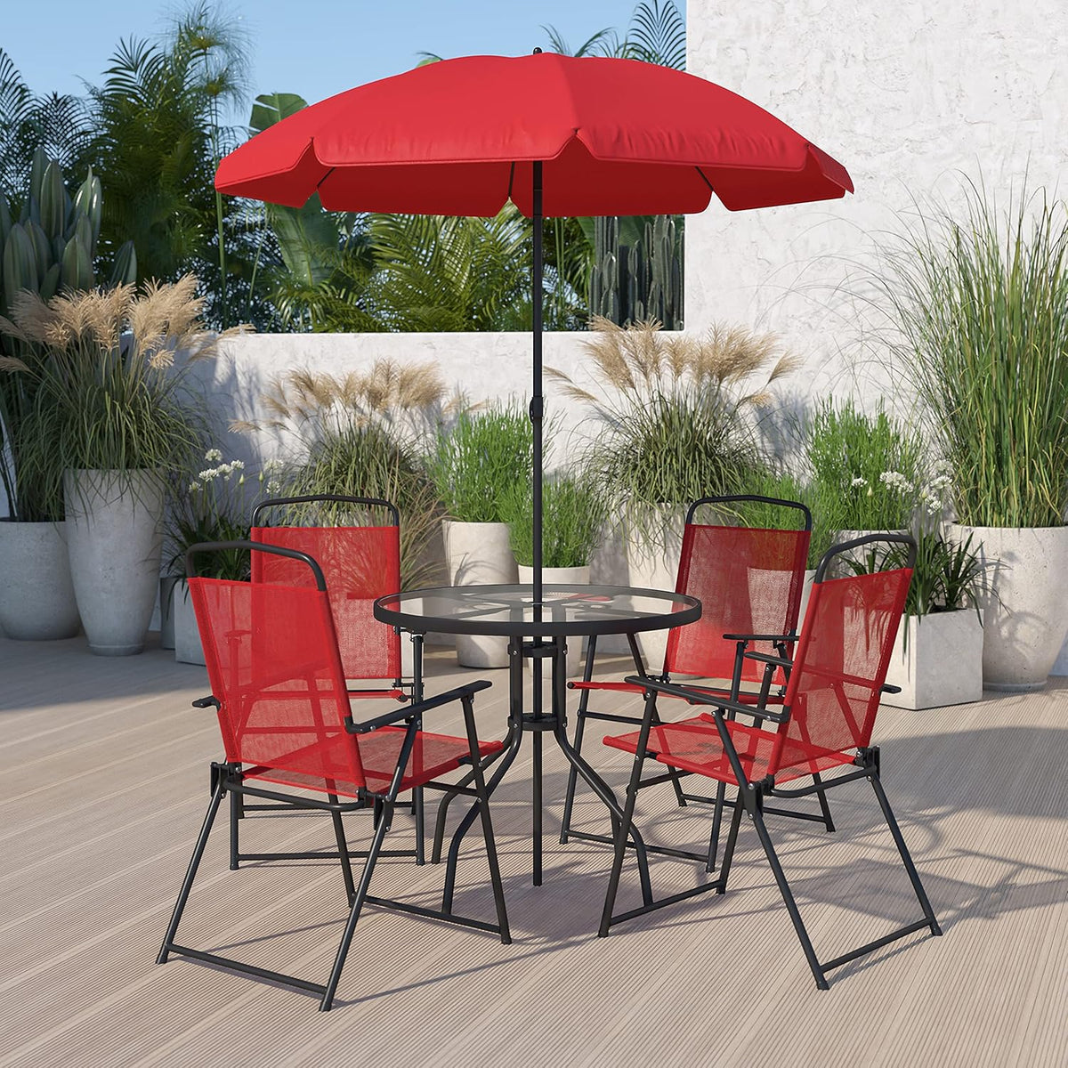 EMMA + OLIVER 6 Piece Brown Patio Garden Set with Umbrella Table Set of 4 Folding Chairs