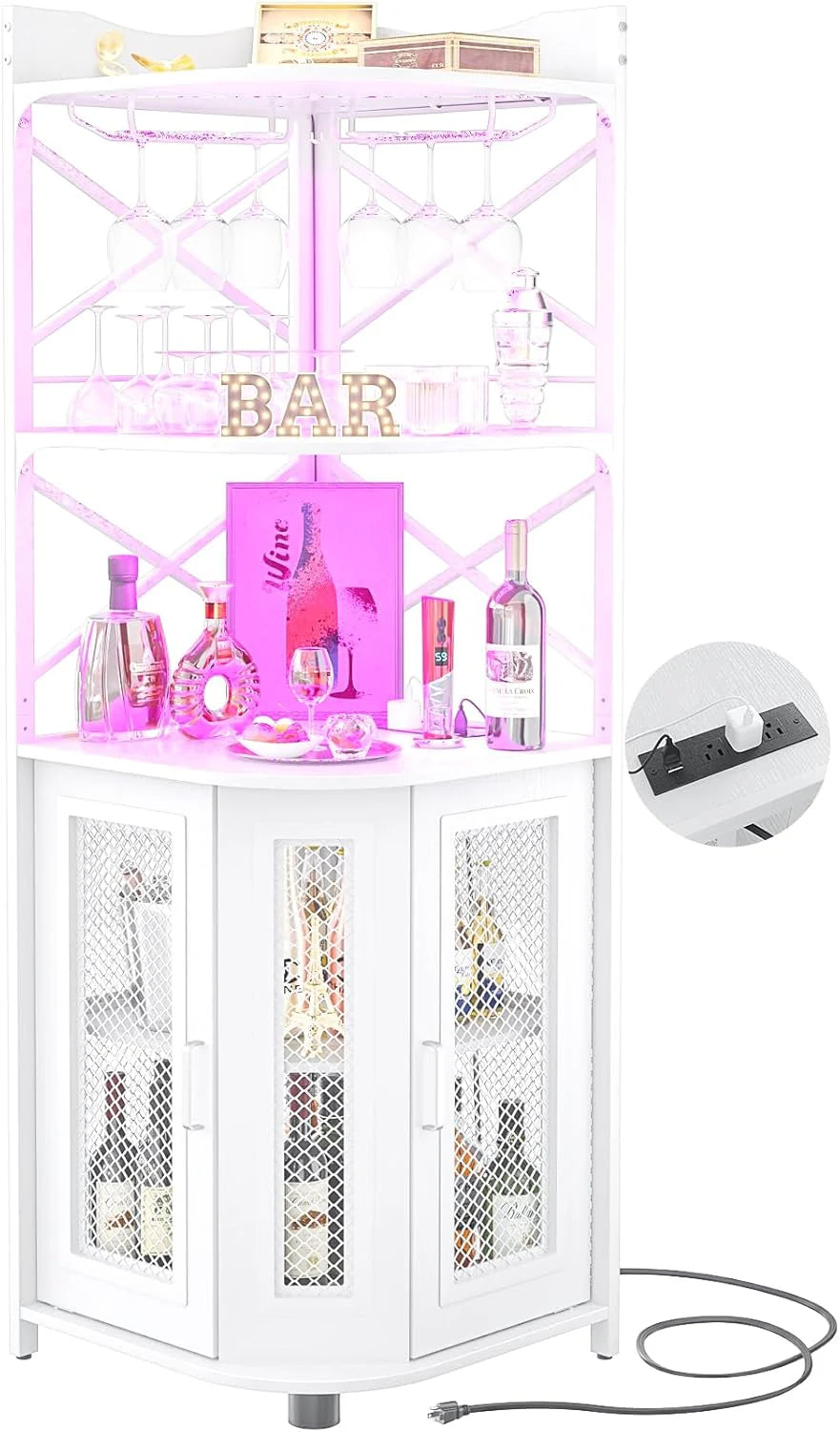 Corner bar cabinet with power socket, industrial style wine cabinet with LED light strip and glass rack, home five-layer wine cabinet bar unit, small space corner display cabinet