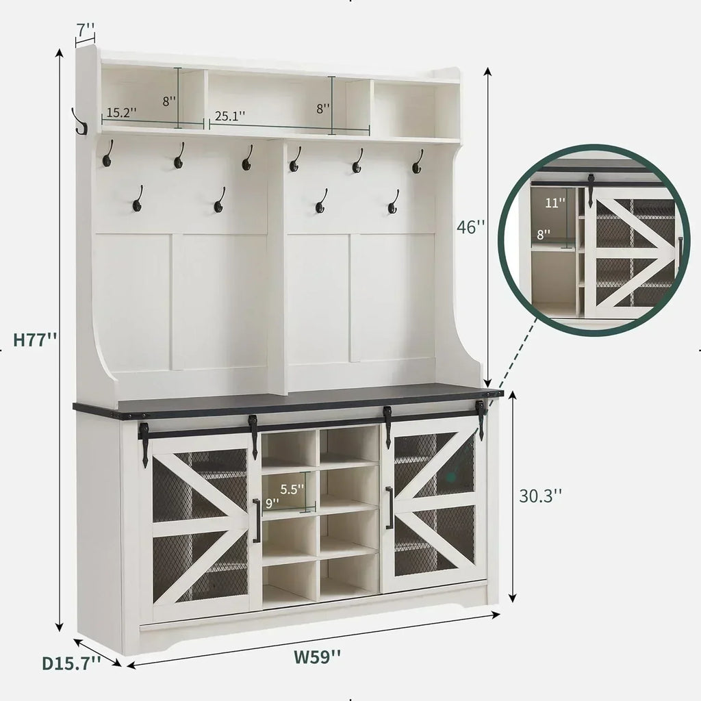 JXQTLINGMU 59-inch Farmhouse Foyer Tree Shoe Storage Entryway Bench Foyer Coat Rack Cabinet