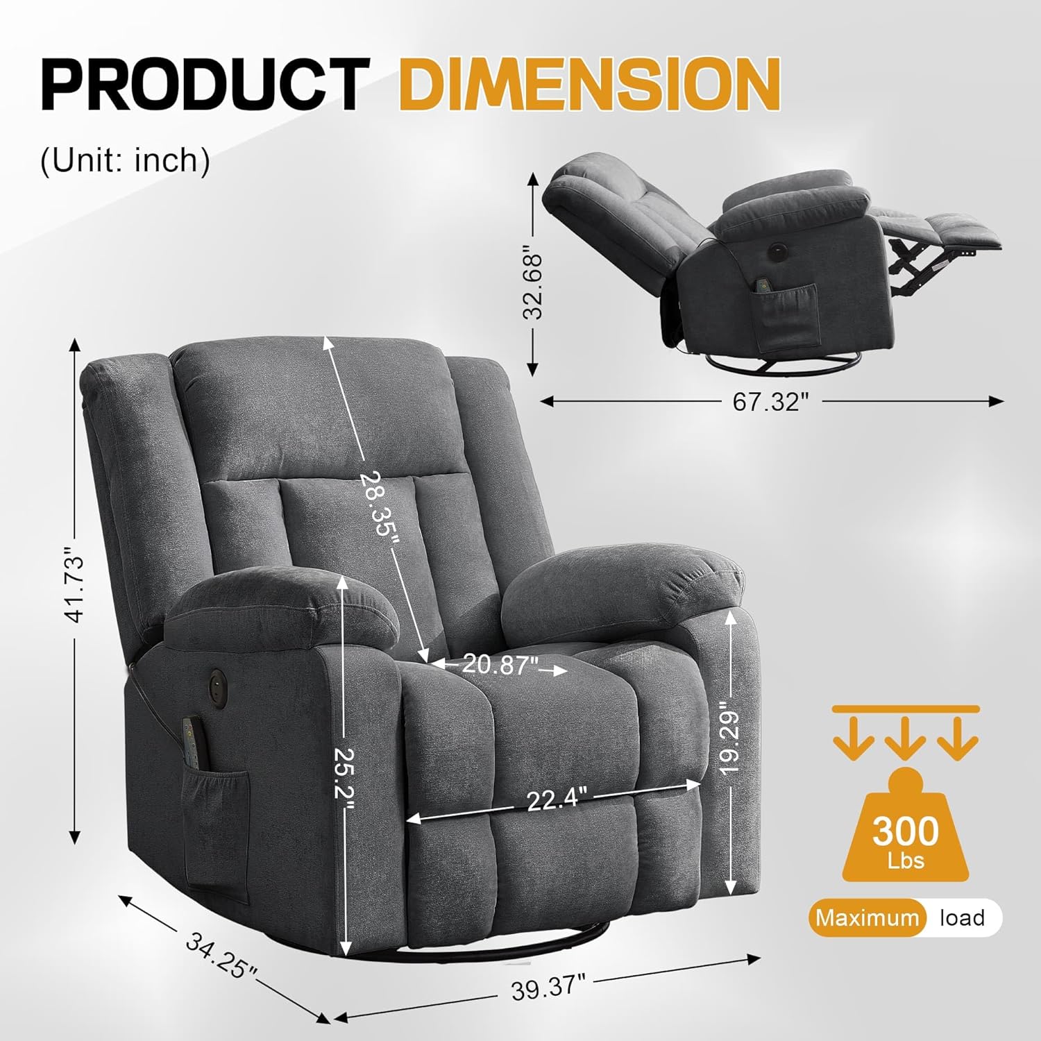 Rocker Recliner, Glider Recliner Chairs for Adults, 360�� Swivel Rocking Chair with Massage and Heating, Nursery Chair