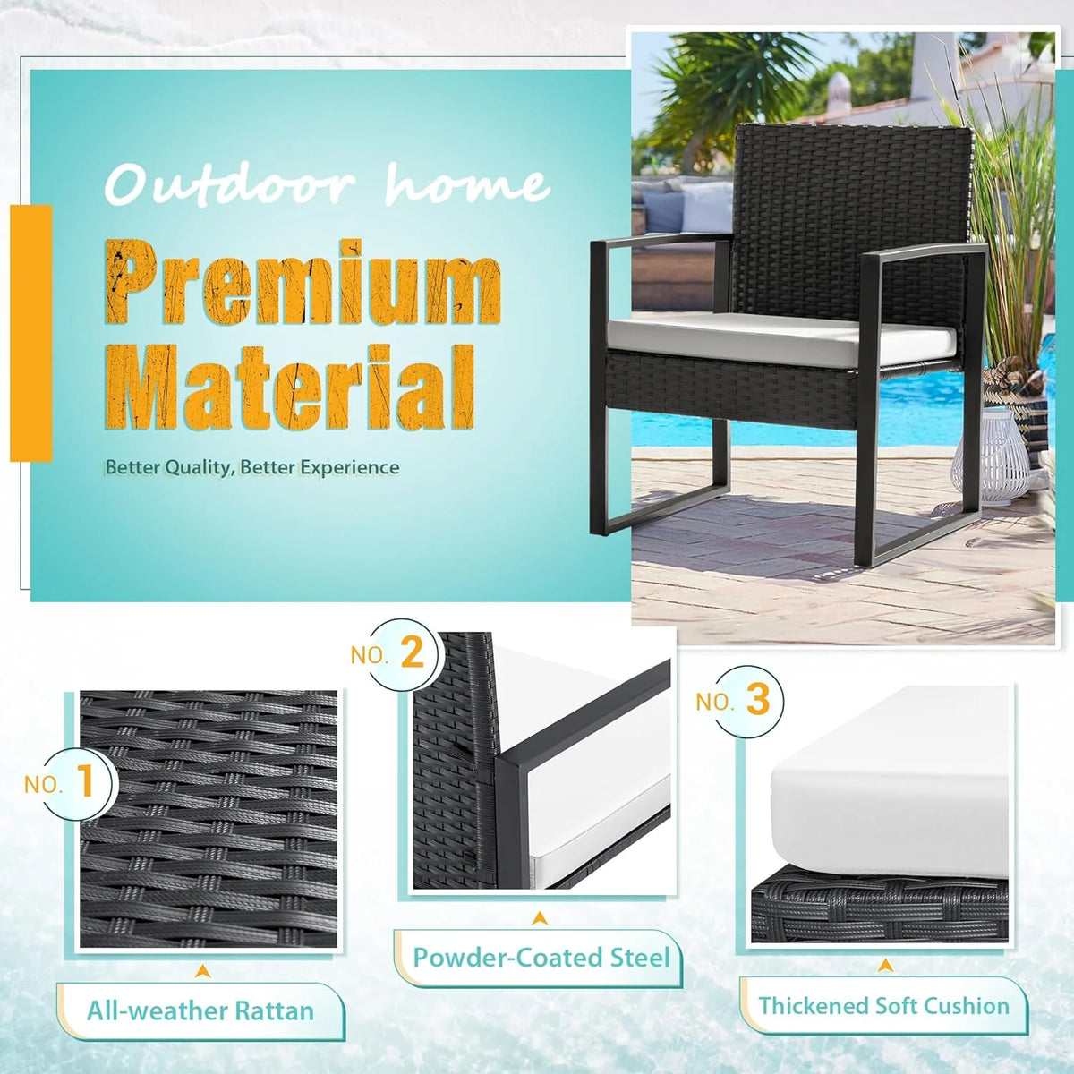 Flamaker 3 Pieces Patio Set Outdoor Wicker Furniture Sets Modern Rattan Chair Conversation Sets with Coffee Table for Yard and Bistro (Black)