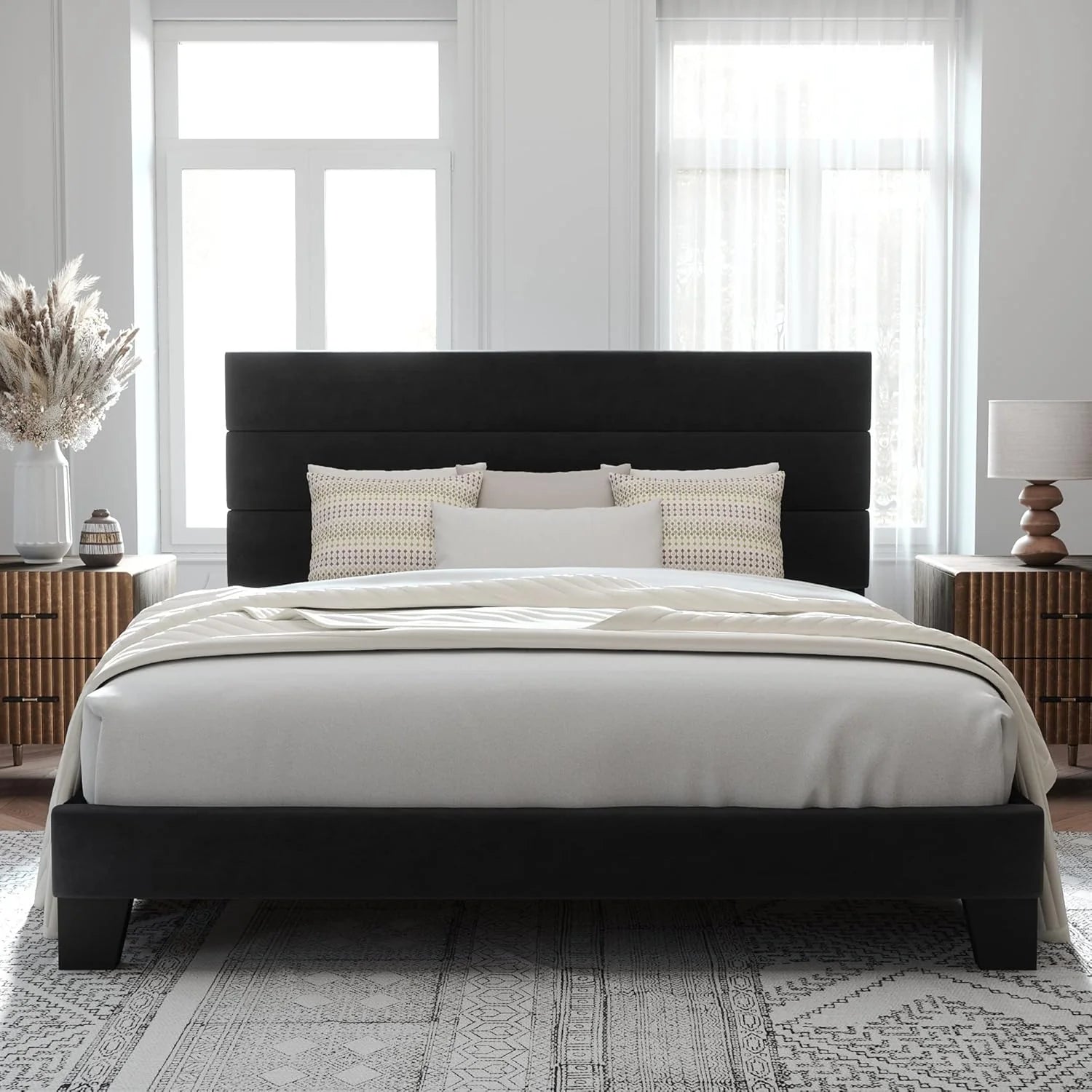 Allewie Queen Size Platform Bed Frame Fabric Upholstered Headboard Wooden Slats Support