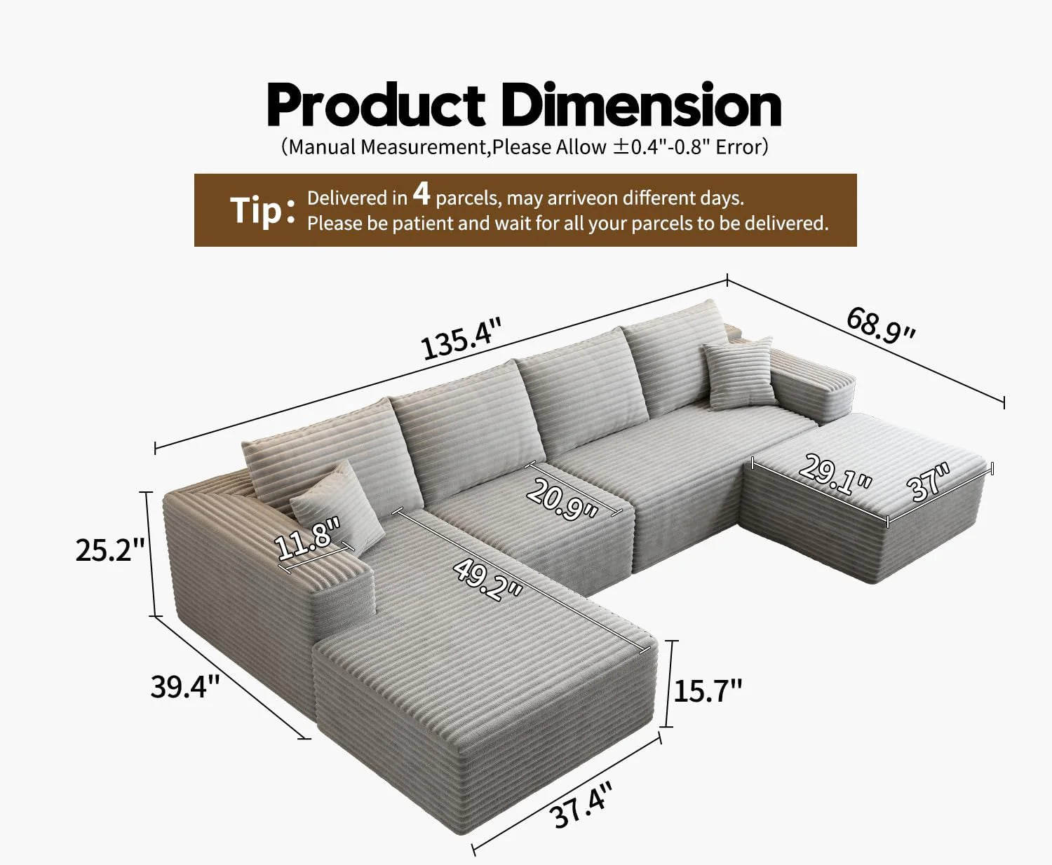 107.5 inch Cloud Modular Sectional Sofa with L-Shaped Chaise Lounge, Modern Minimalist Upholstered Sofa Deep Seating Corner Sofa
