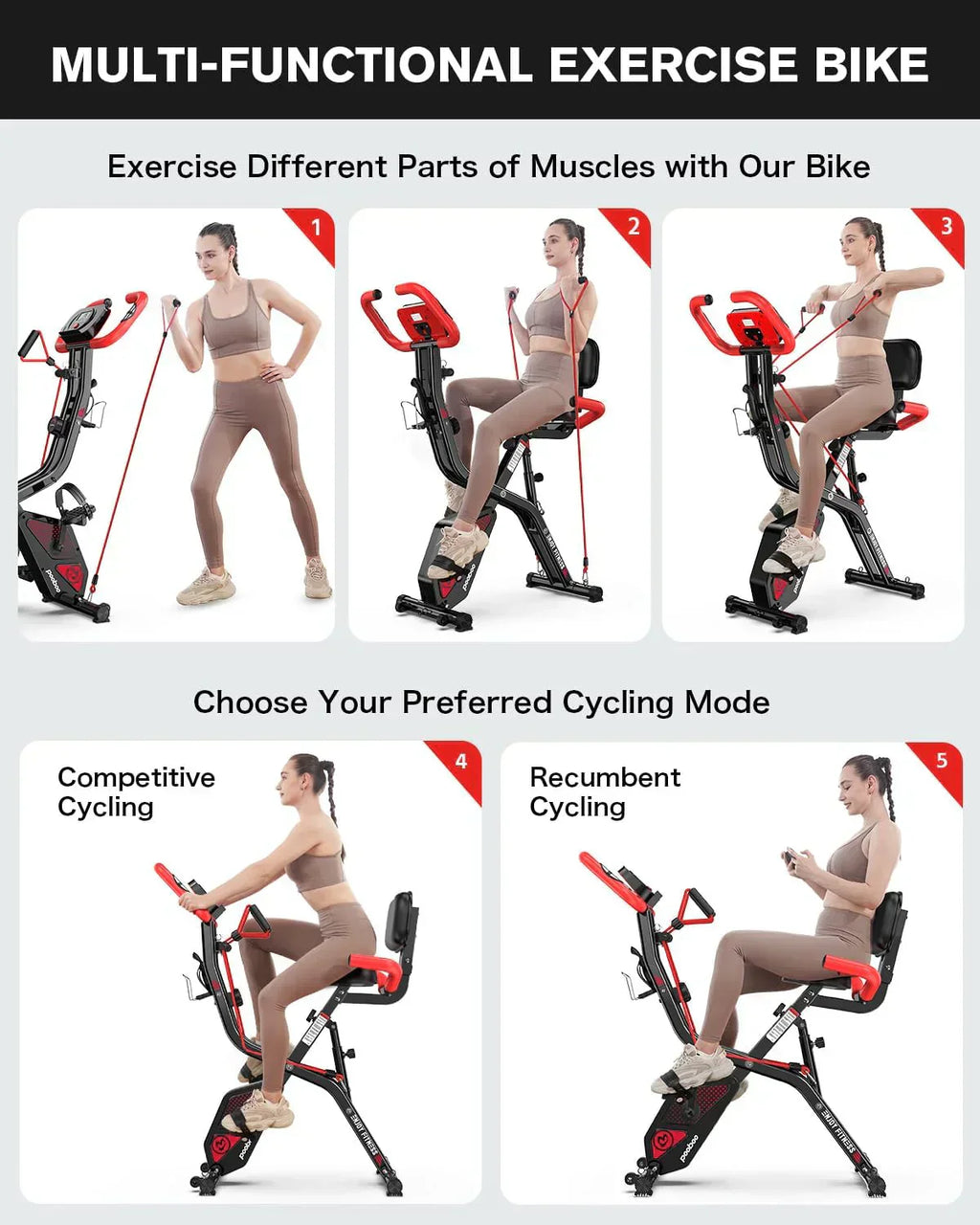 pooboo Folding Exercise Bike Foldable Fitness Stationary Bike Machine Upright Indoor Cycling Bike