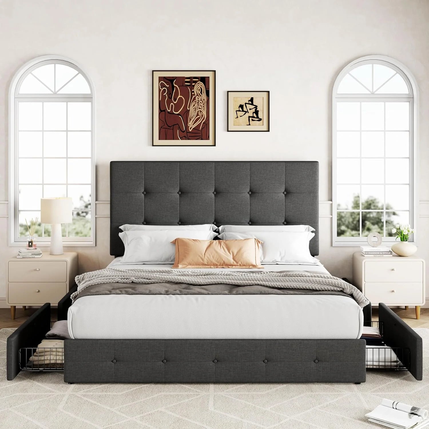 Allewie Upholstered Queen Size Platform Bed Frame with 4 Storage Drawers and Headboard