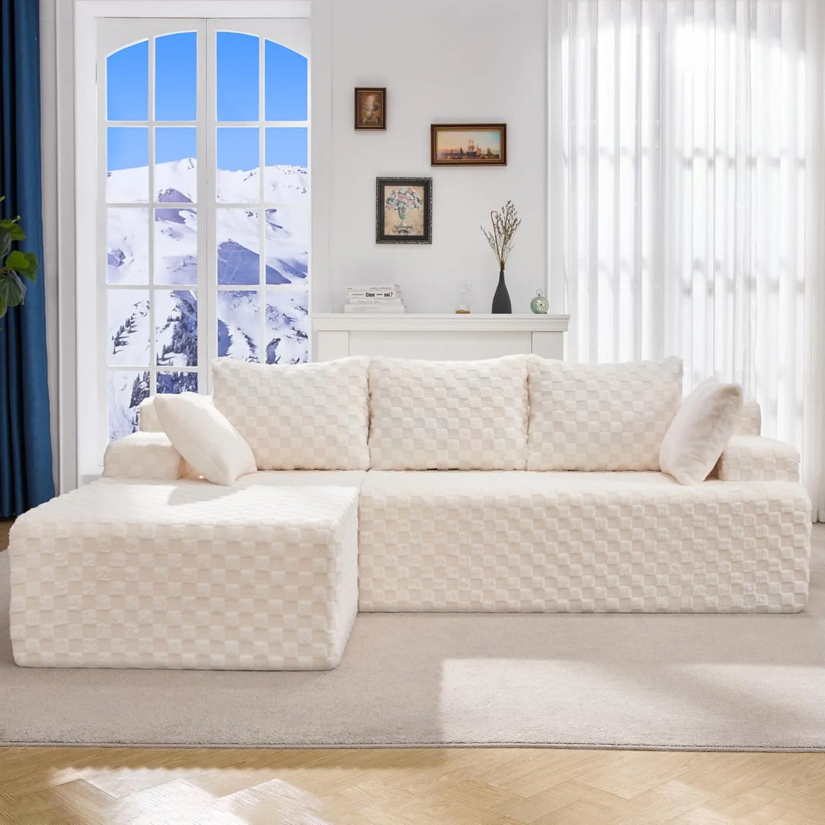 Modular Sectional Sofa Couches L-Shape Couch 3 Seat Modular Sofa Memory Foam Sectional Couches for Living Room, Cloud Couch with Oversized Chaise (Grey Stripe, 96 Left Facing Chaise)