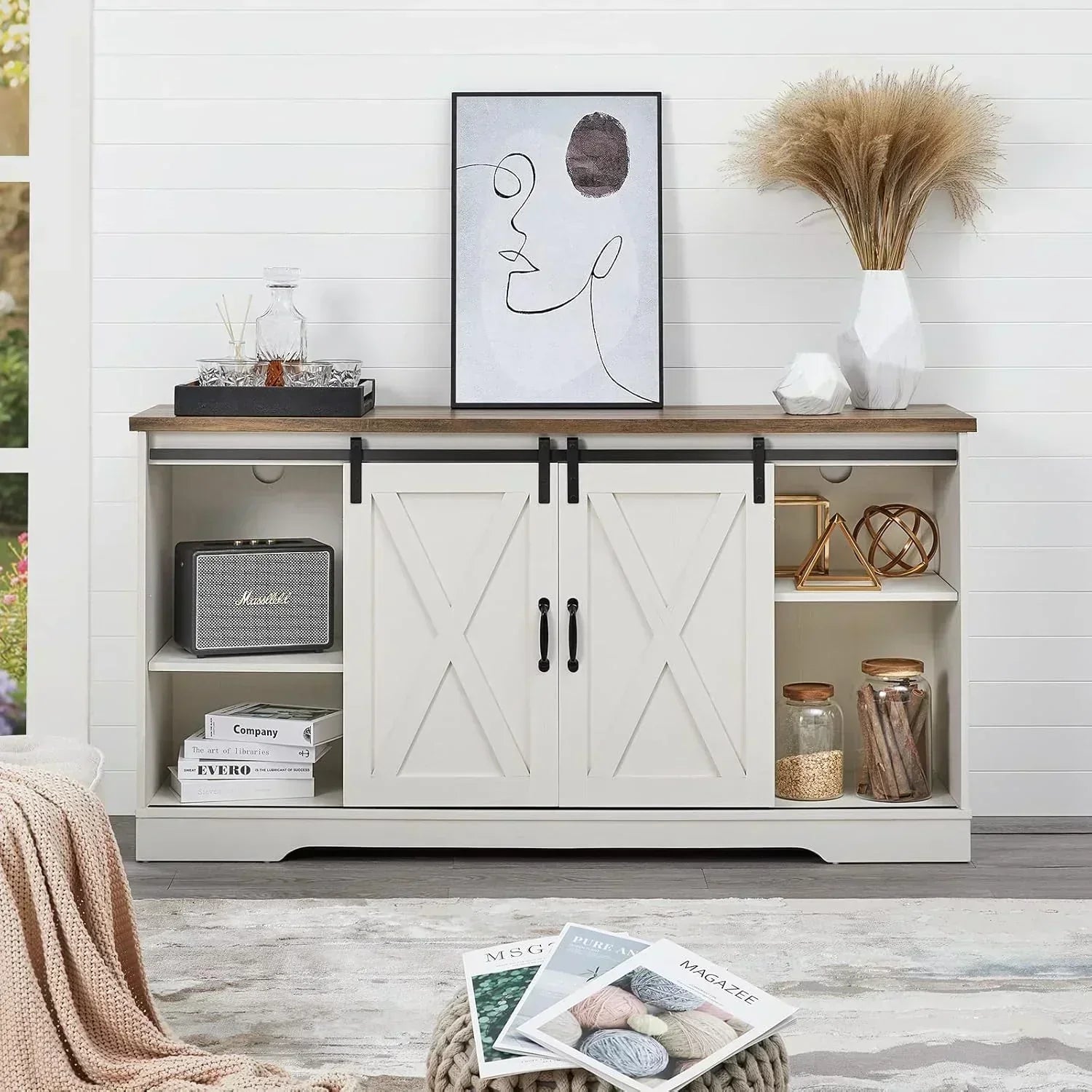 AMERLIFE Fireplace TV Stand with Sliding Barn Door  Farmhouse 63 Fireplace Entertainment Center