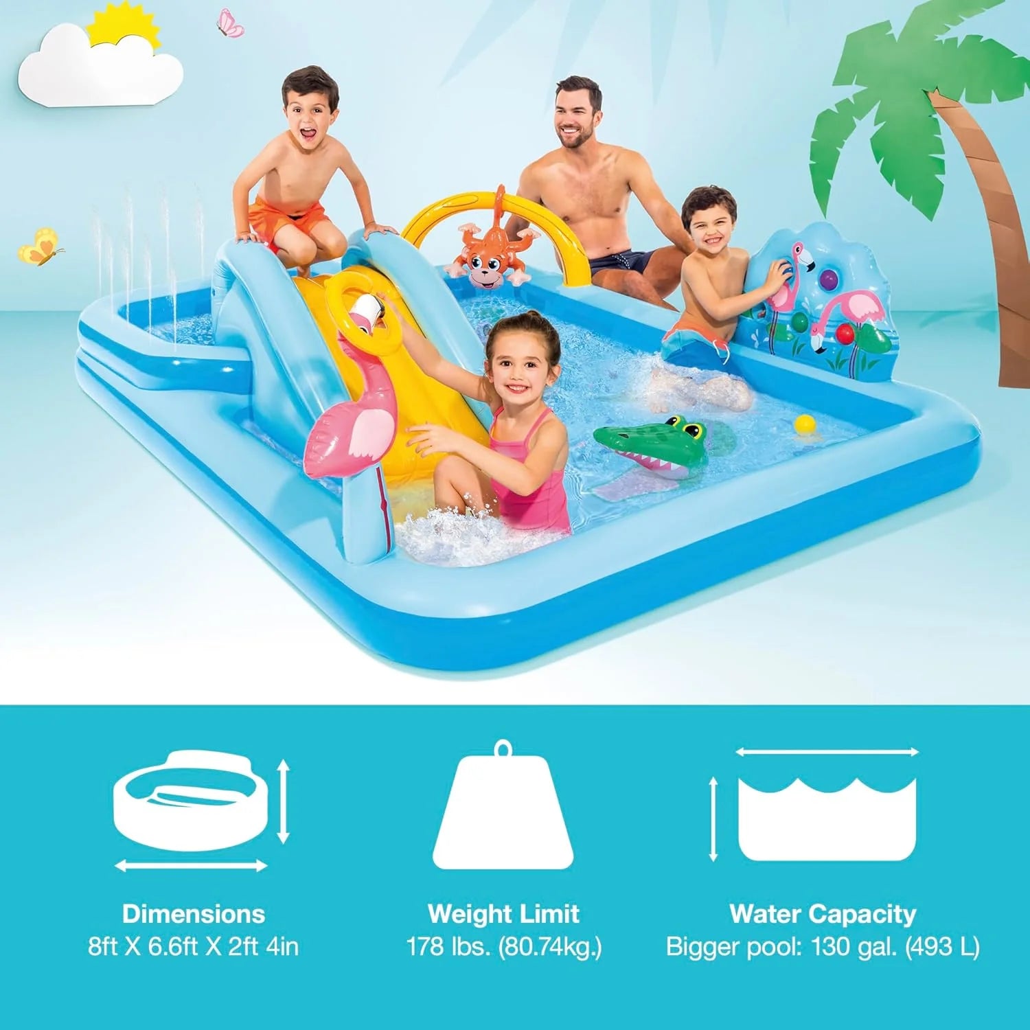 Intex 96 x 78 x 28 Inflatable Jungle Adventure Play Center Spray Kiddie Pool - Backyard Kids Water Slide, Outdoor Blow-Up Splash Pad for Toddlers