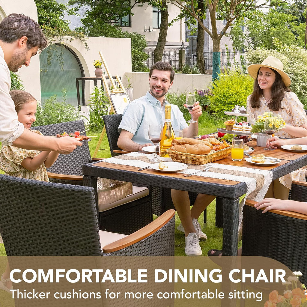 Devoko Dining 7 PCS Furniture Patio Conversation Set with Acacia Wood Table Top Rattan Outdoor
