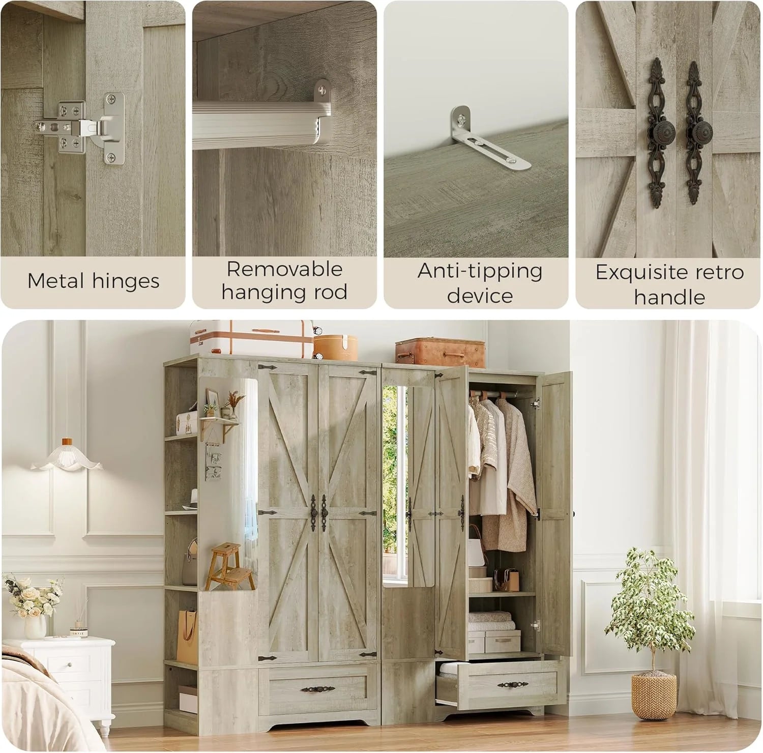 ANCTOR Armoire Wardrobe Closet with Mirror, 70 H Wooden Bedroom Armoires and Wardrobes