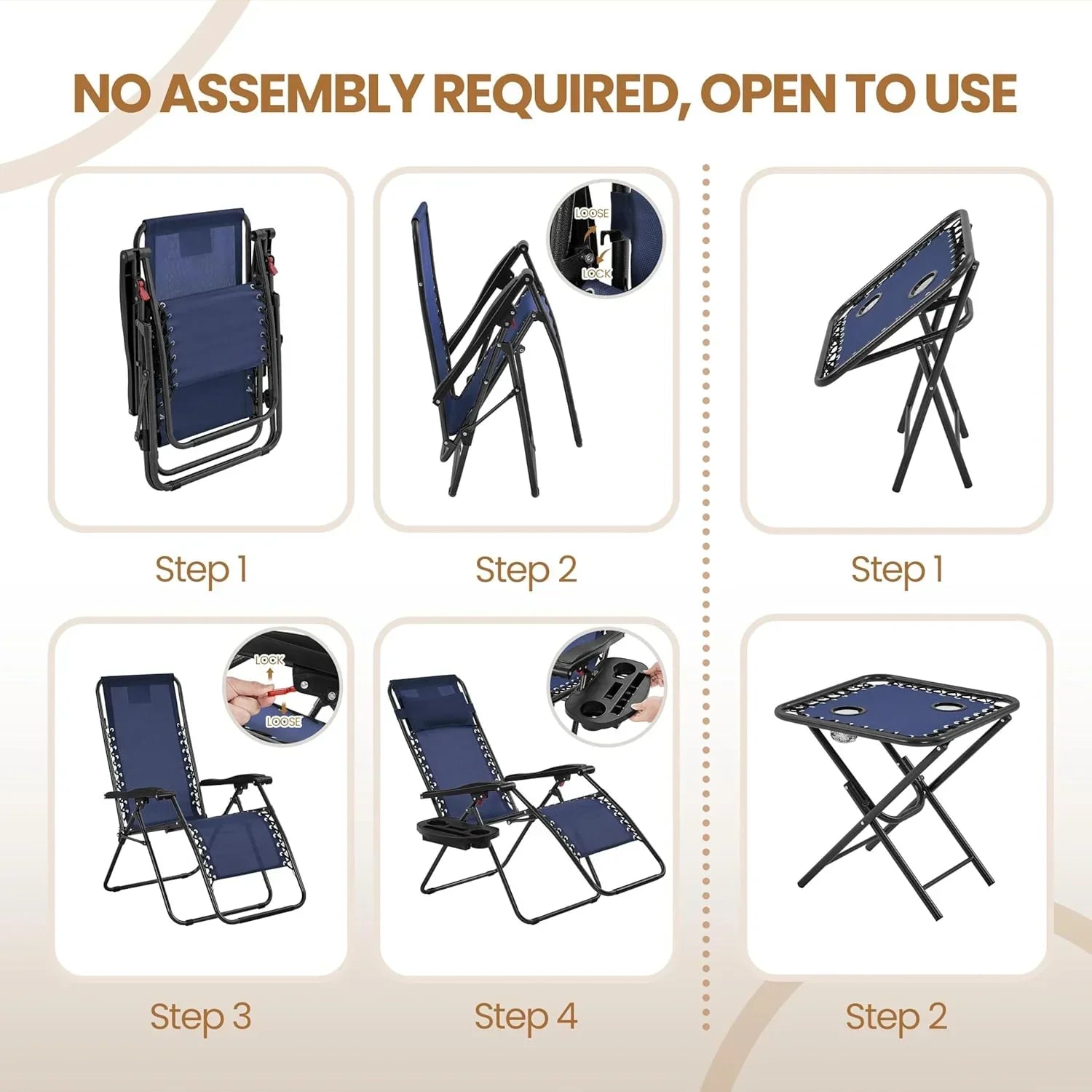 3PCS Zero Gravity Recliner Portable Outdoor Reclining Chair Set Side Table Lounge Chairs