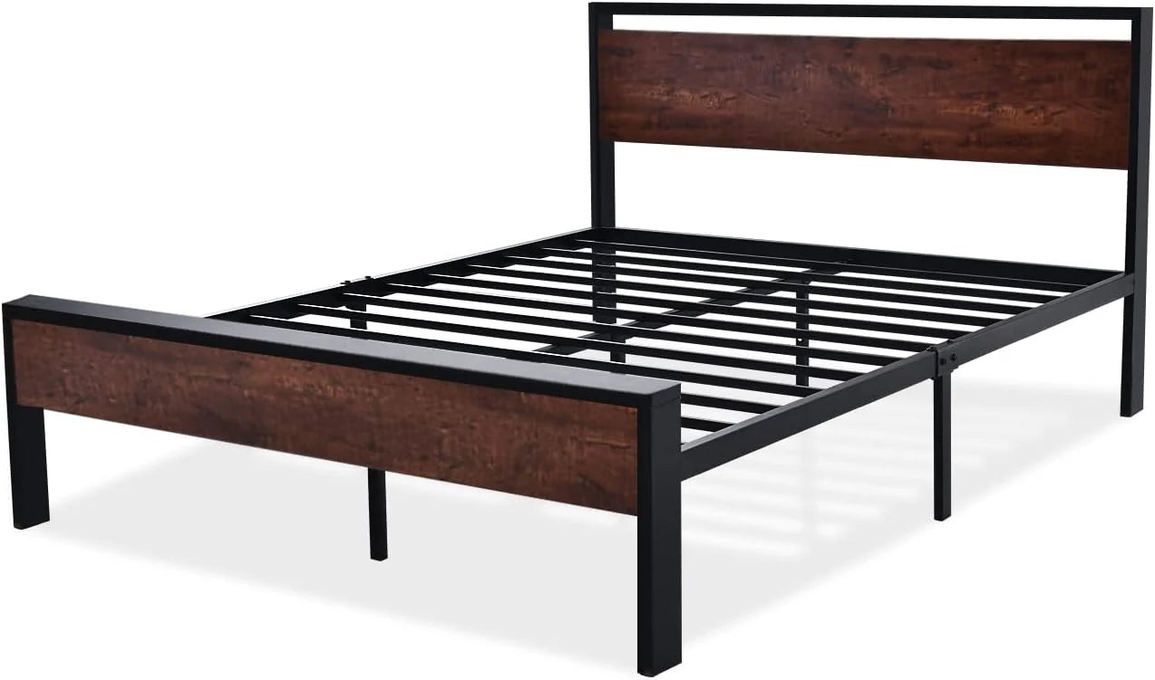 SHA CERLIN 14 Inch Queen Size Metal Platform Bed Frame with Wooden Headboard and Footboard