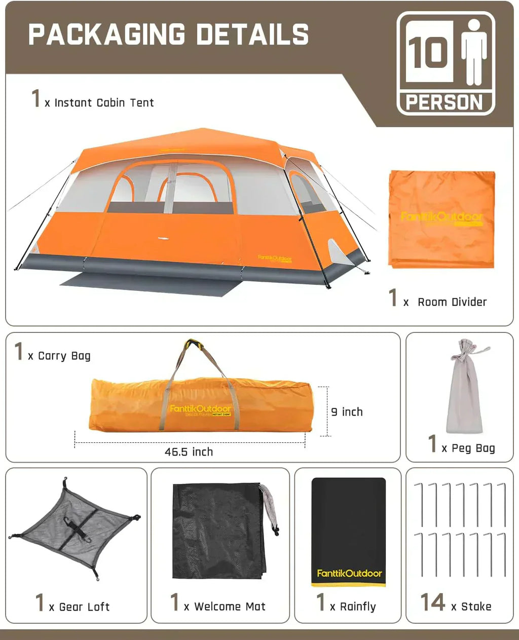 Portable camping tent for 4/6/8/10 people with instant cabin and rainproof and windproof