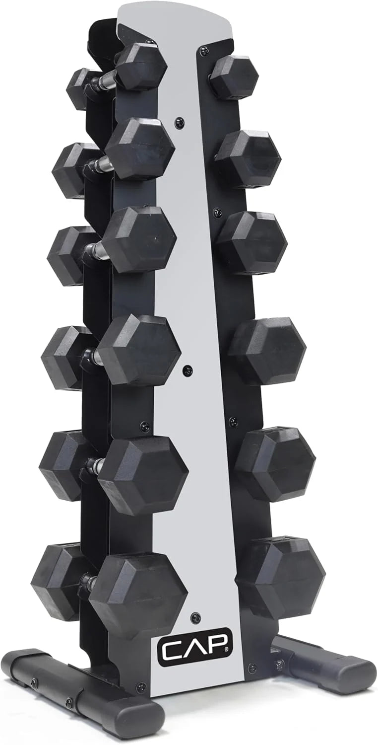 CAP Barbell Rubber Coated Dumbbell Weight Set with Vertical Rack | 100 lb, 150 lb, and 210 lb