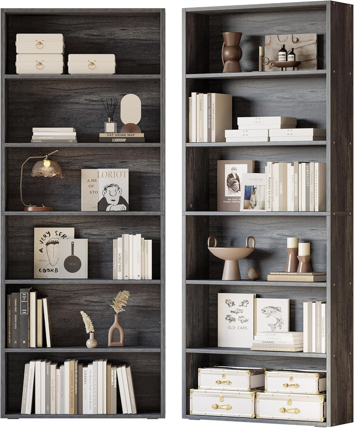 IRONCK Bookshelves and Bookcases Set of 2 Floor Standing 6 Tiers Display Storage Shelves