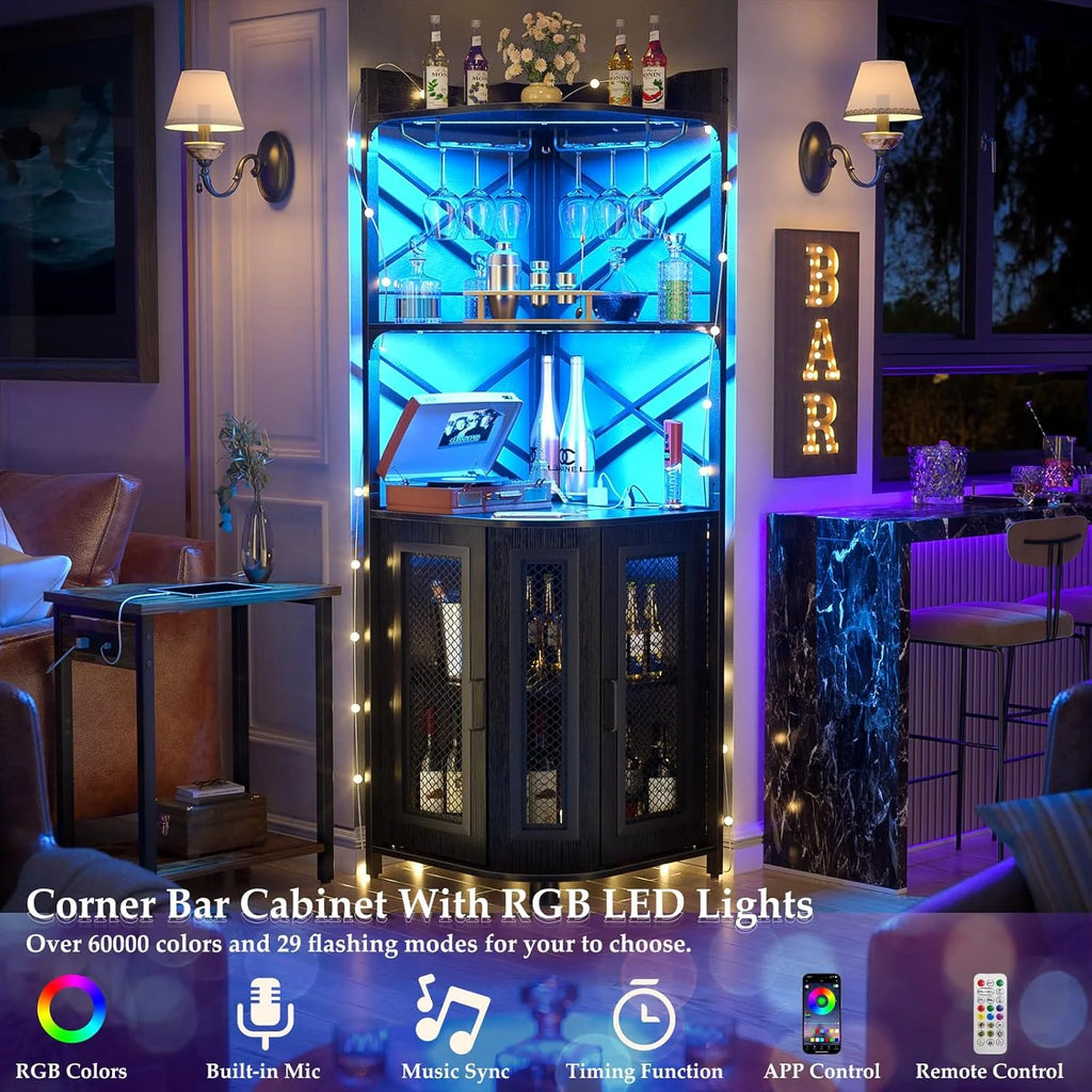 Aheaplus Corner Bar Cabinet with Power Outlet, Industrial Wine Cabinet with LED Strip and Glass Holder, 5-Tiers Liquor Cabinet Bar Unit for Home, Corner Display Cabinet for Small Space, White Oak