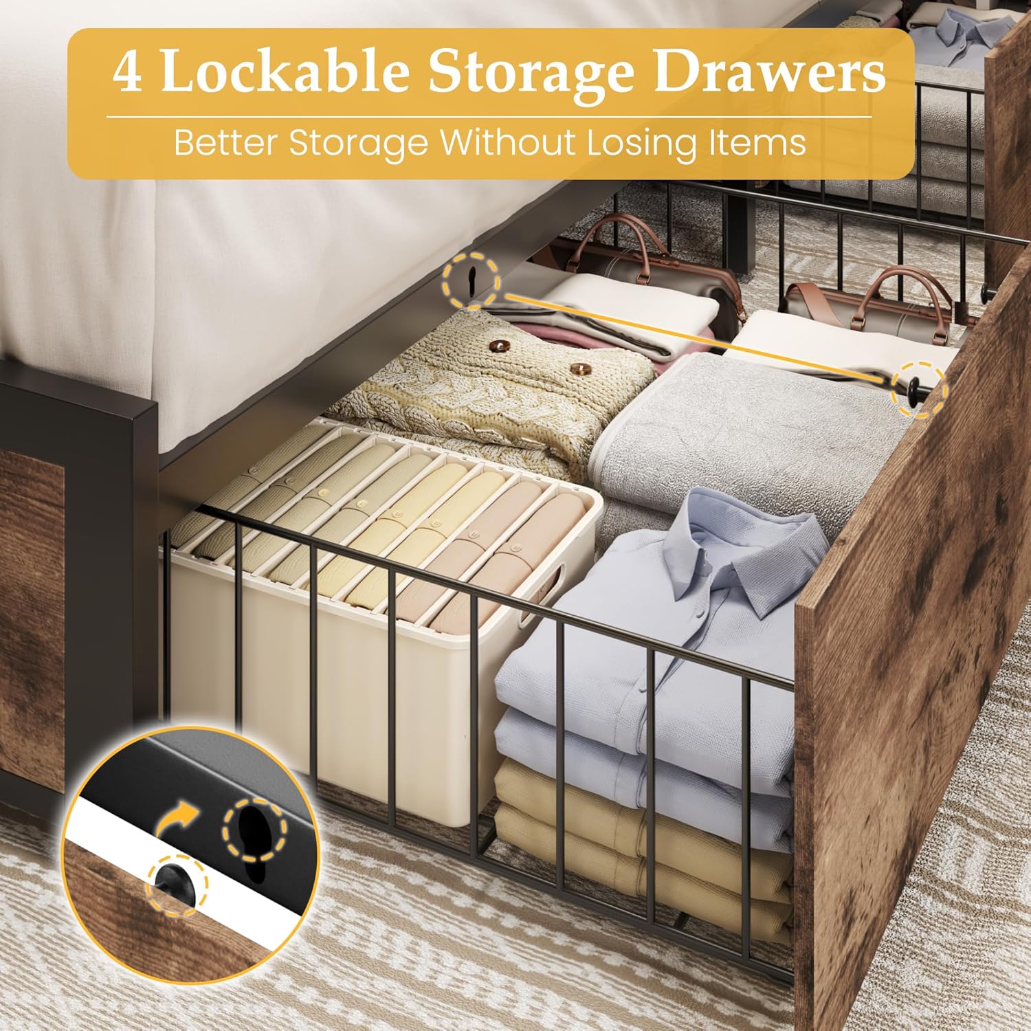 Lifezone Queen Bed Frame with 2-Tier Storage Headboard, Metal Platform Bed Frame with 4 Storage Drawers, Built in Charging Station & LED, Noise-Free/Metal Support/No Box Spring Needed