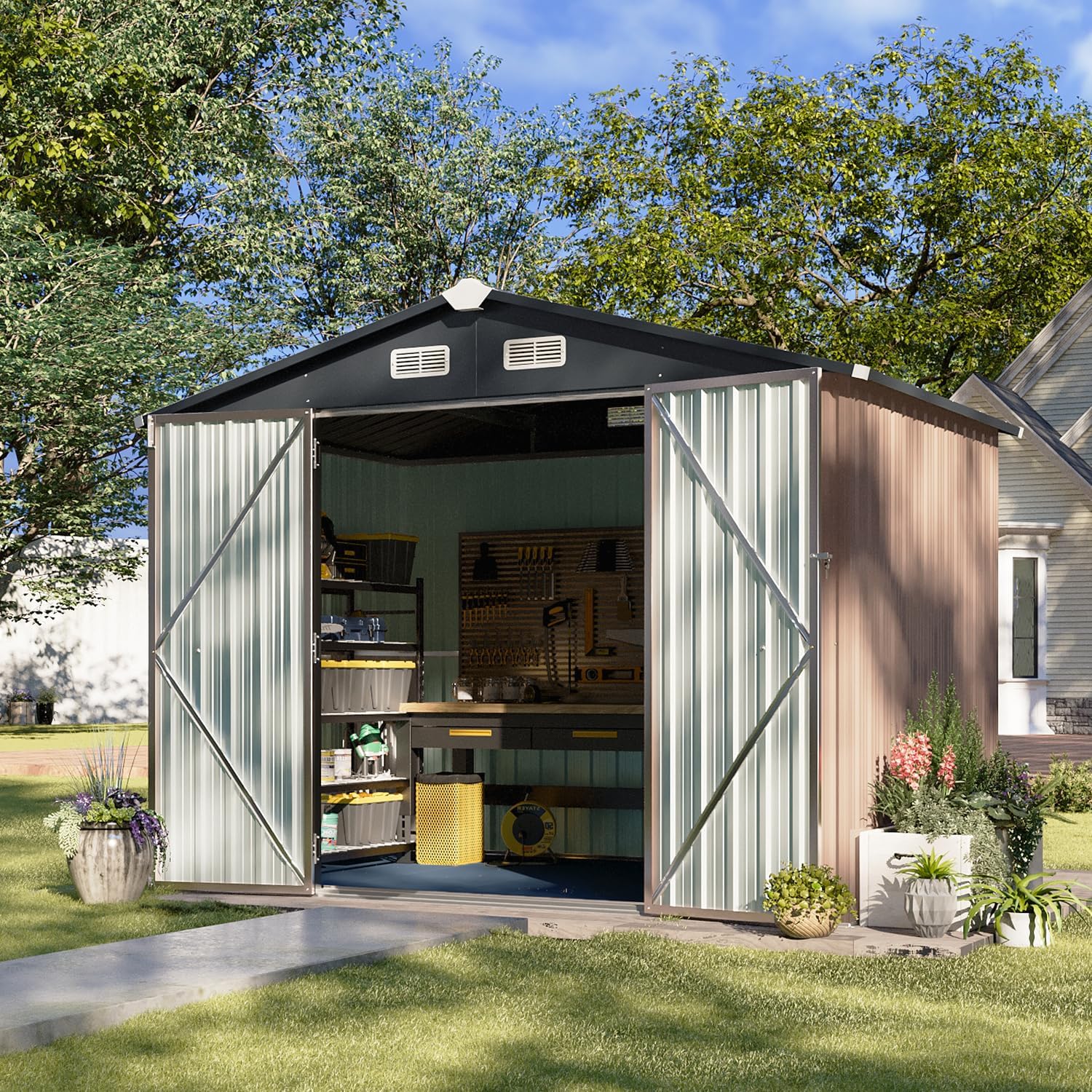 Aoxun 6.2x4 FT Shed Outdoor Storage Shed Metal Garden Shed Slooping Roof Tool Shed Bike Shed