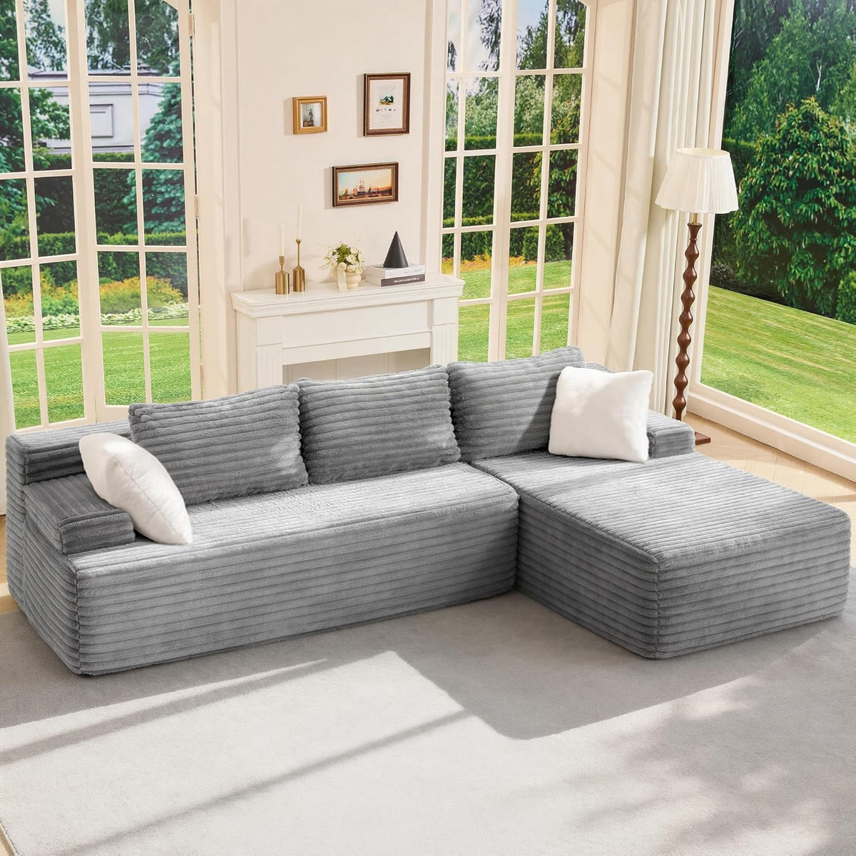 Modular Sectional Sofa Couches L-Shape Couch 3 Seat Modular Sofa Memory Foam Sectional Couches for Living Room, Cloud Couch with Oversized Chaise (Grey Stripe, 96 Left Facing Chaise)