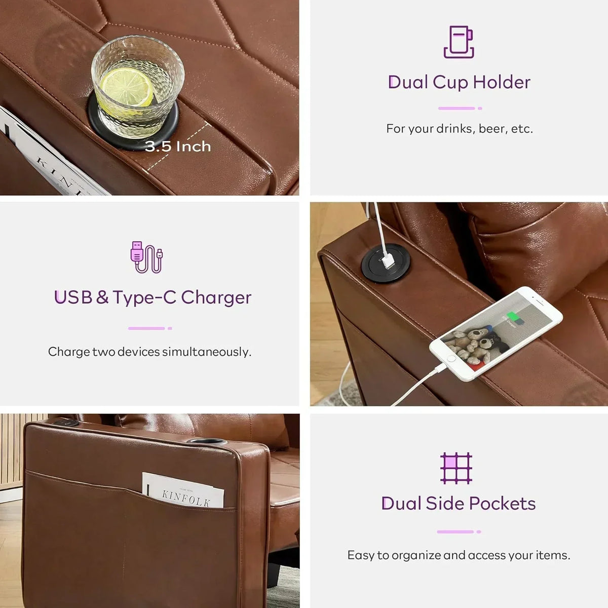 Adult Convertible Sleeper Chair Bed 3-in-1 Pull-Out Sofa Bed with USB/Type-C Ports Cup Holders