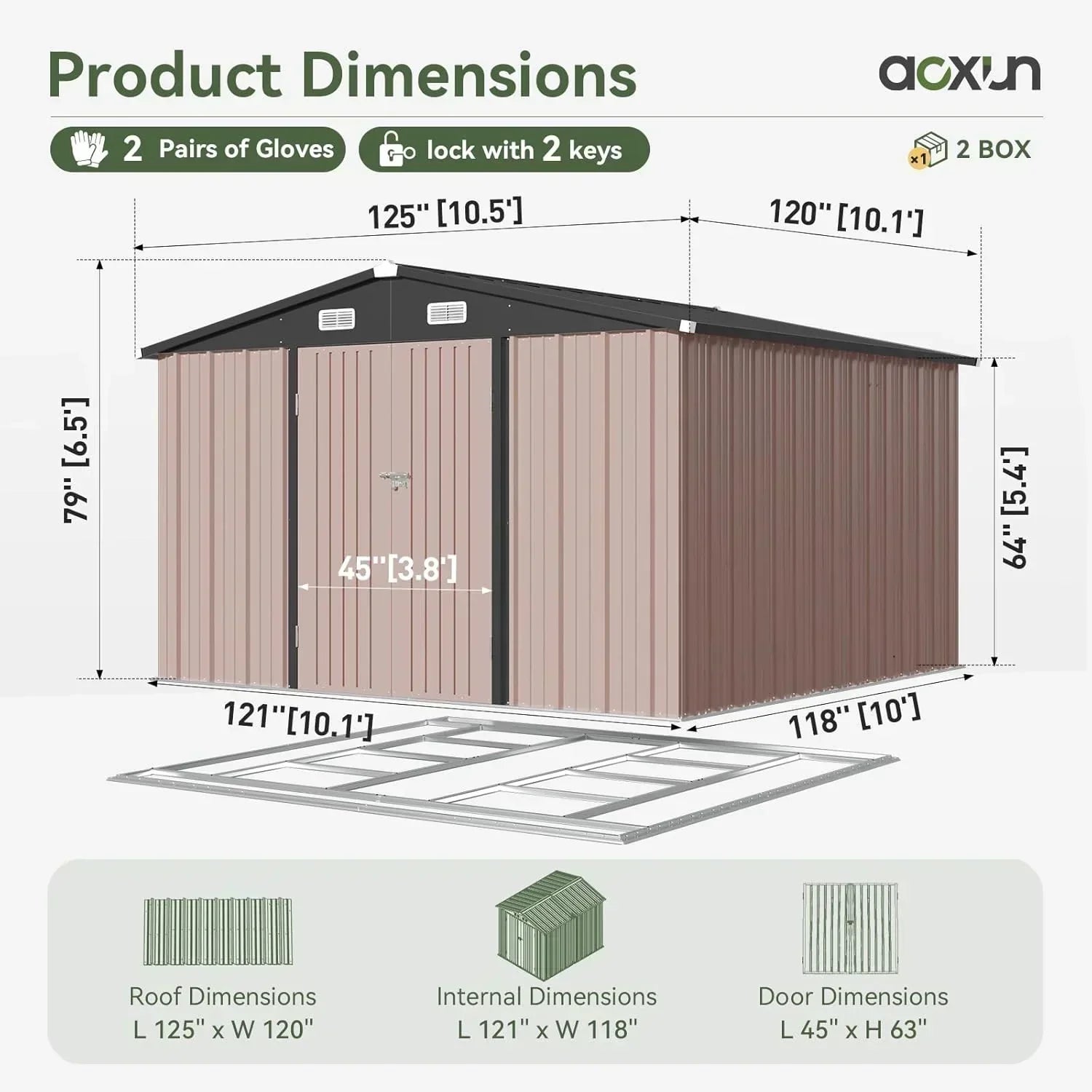 Aoxun 12x10 FT Shed Metal Outdoor Waterproof Storage Shed Steel Utility Garden Tool Shed