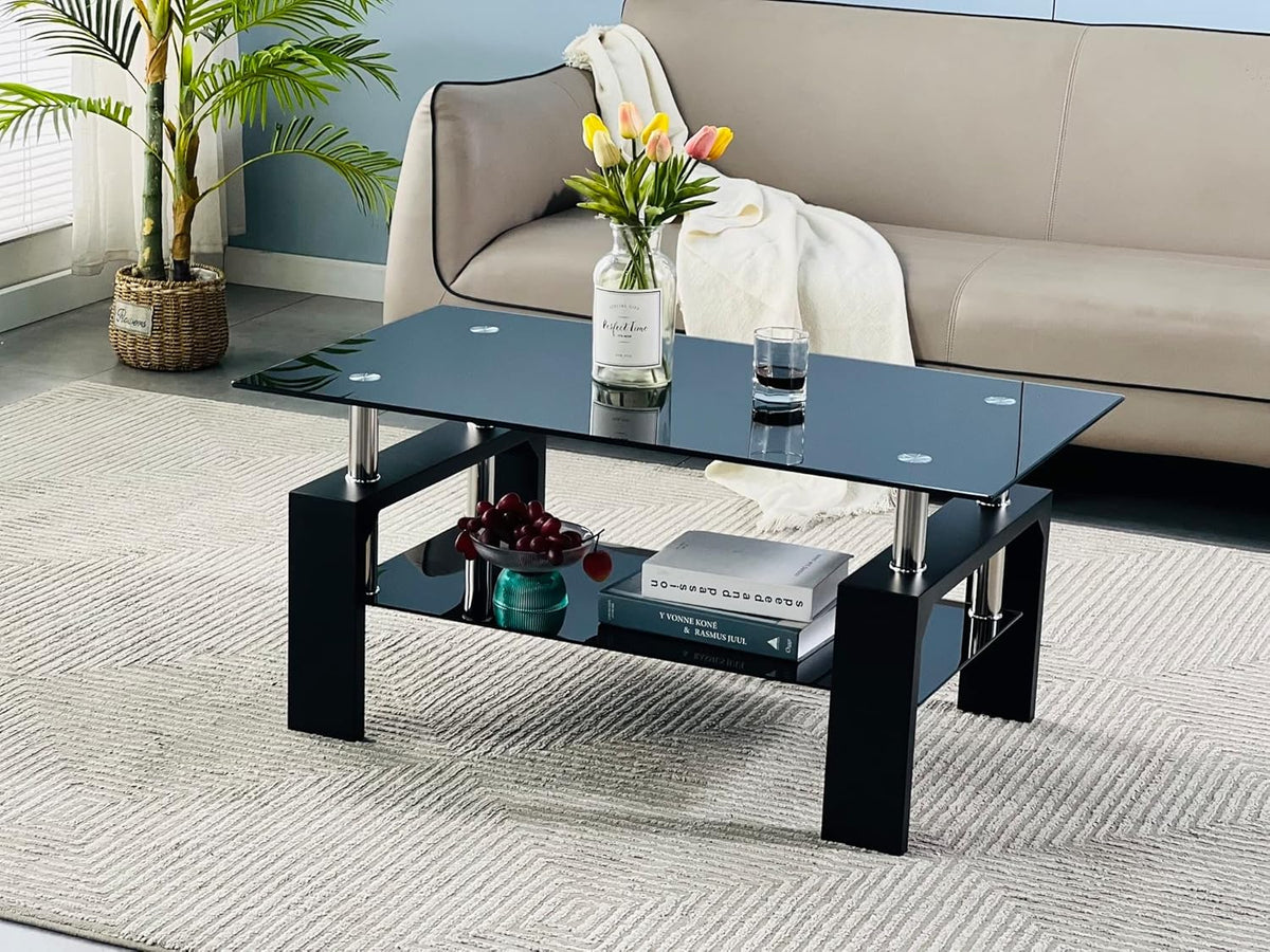 Living Room Rectangle Coffee Table, Tea Table Suitable for Waiting Room, Modern Side Coffee Table with Wooden Leg, Glass Tabletop