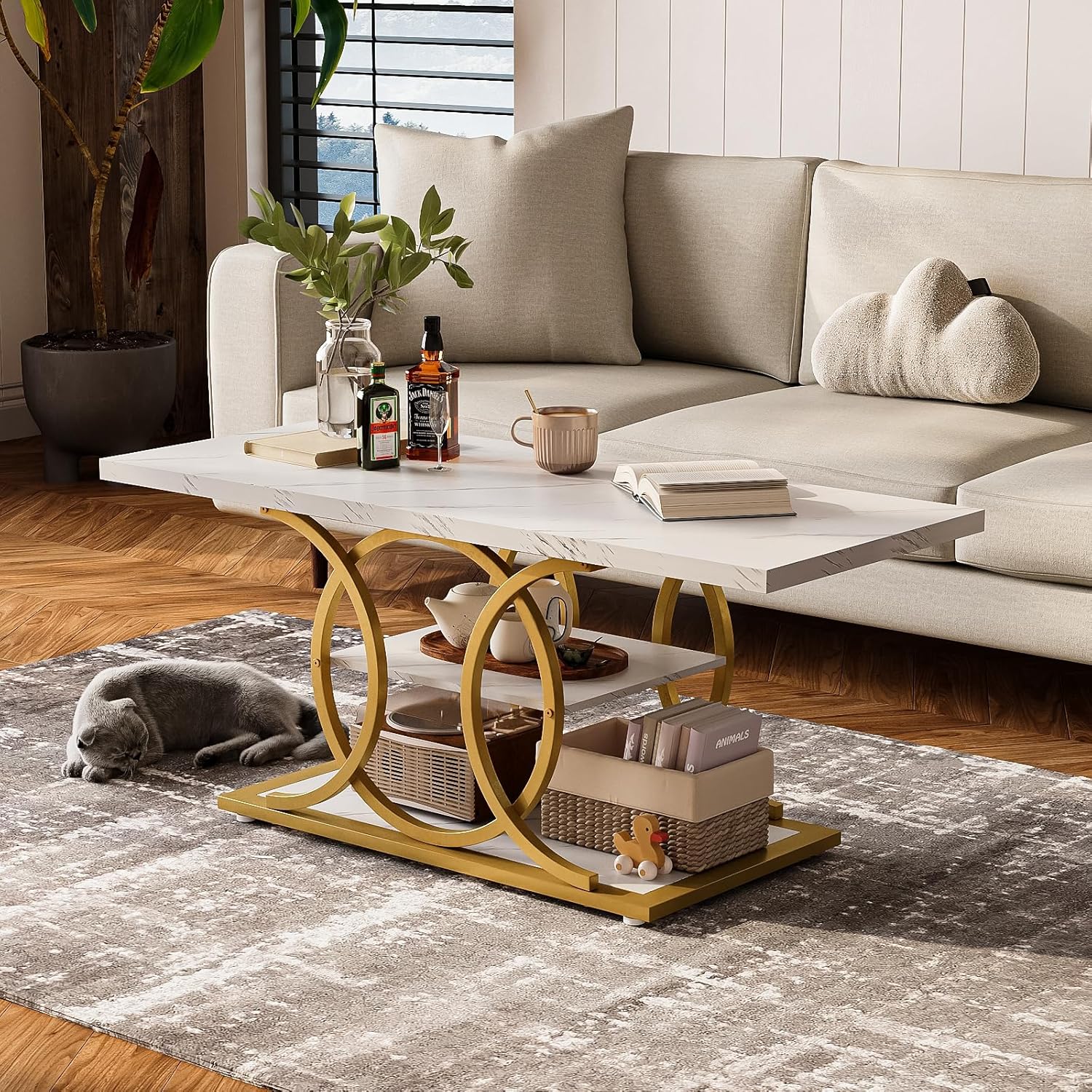 GiftGo Rustic Style Coffee Table Storage Industrial Style Three Tier Centerpiece Living Room Table