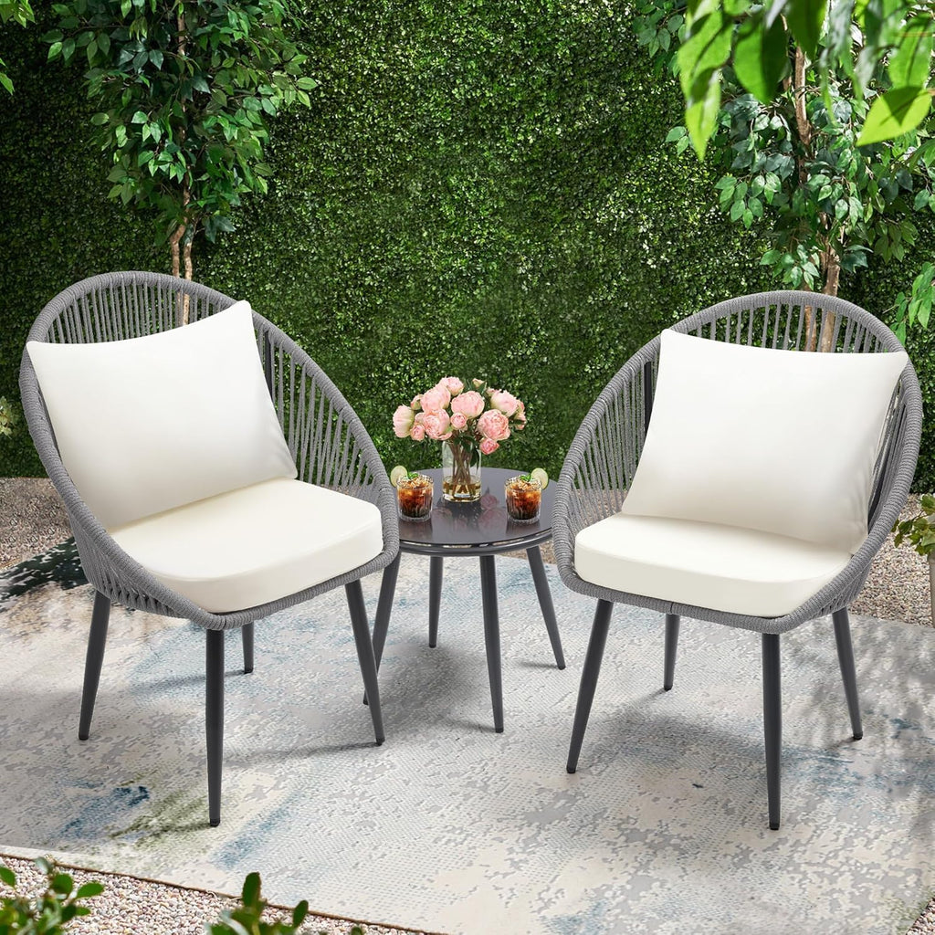3 Piece Bistro Set Woven Rope Chair with Cushions All Weather Patio Conversation Set Side Table