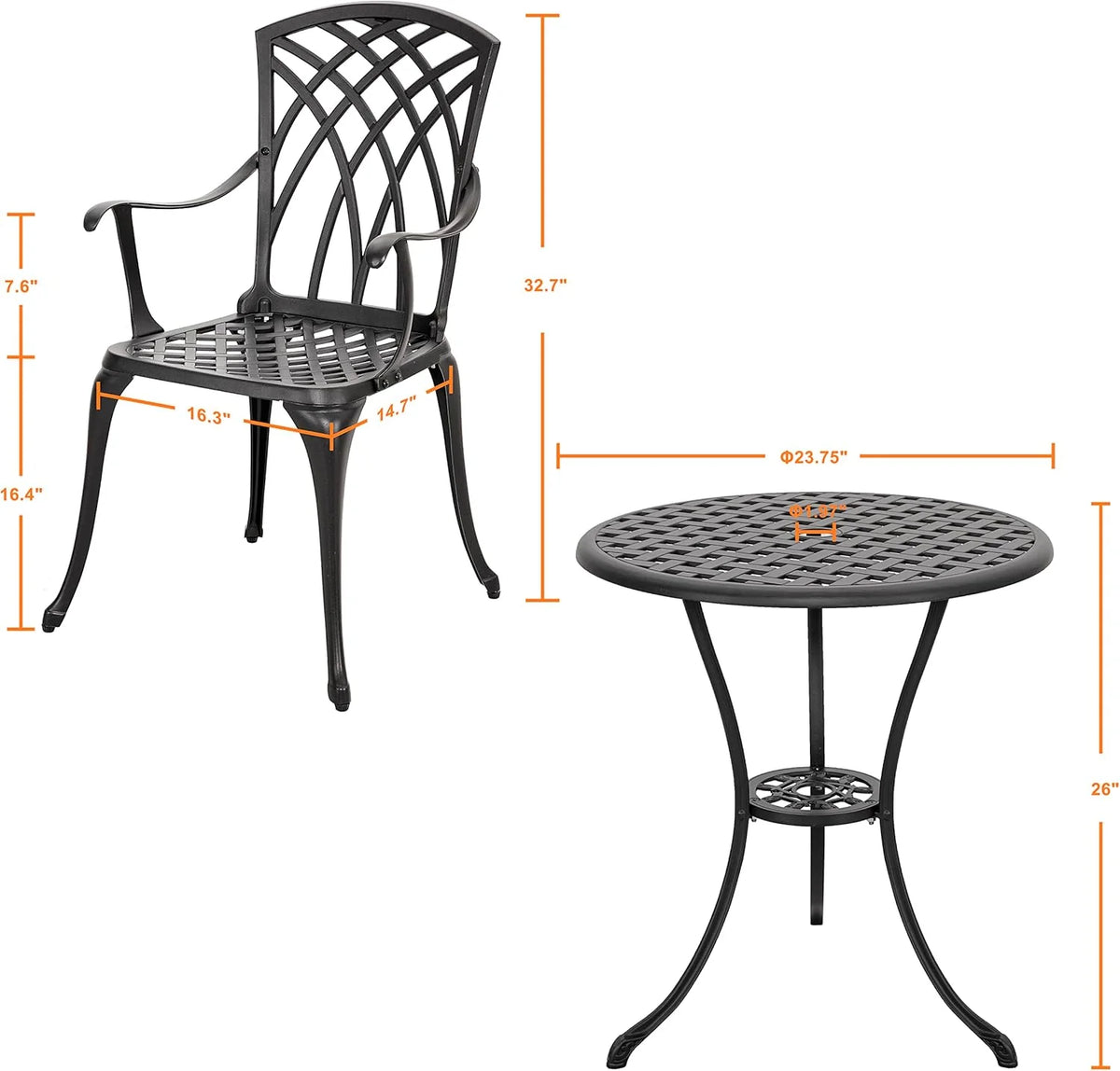 NUU GARDEN Bistro Set 3 Piece Outdoor Cast Aluminum Patio Bistro Set Patio Table and Chairs Set of 2 with Umbrella Hole and Gray Cushions, Black