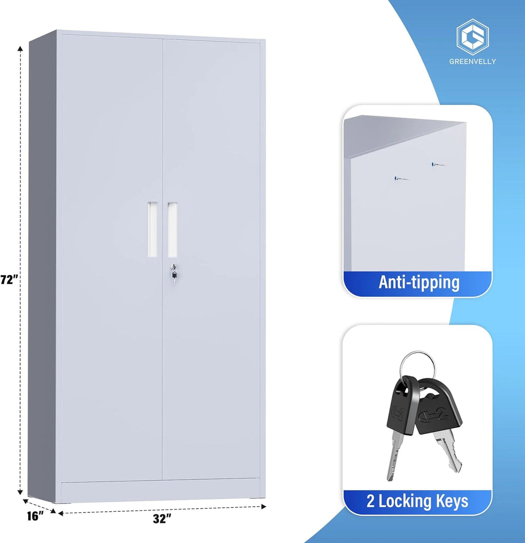 Greenvelly Metal Storage Cabinet, 72 Black Locking Metal Cabinet with 2 Doors and 4 Adjustable Shelves, Lockable Garage Storage Cabinets for Home Office, Garage, Kitchen, Living Room