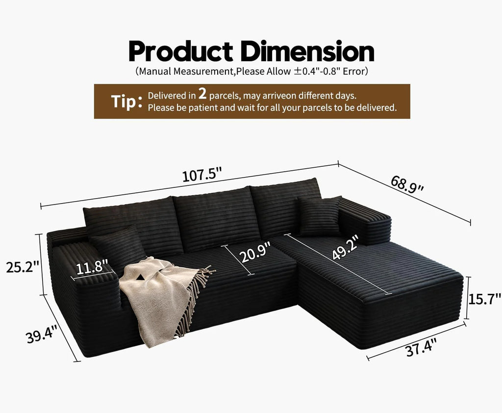107.5 inch Cloud Modular Sectional Sofa with L-Shaped Chaise Lounge, Modern Minimalist Upholstered Sofa Deep Seating Corner Sofa