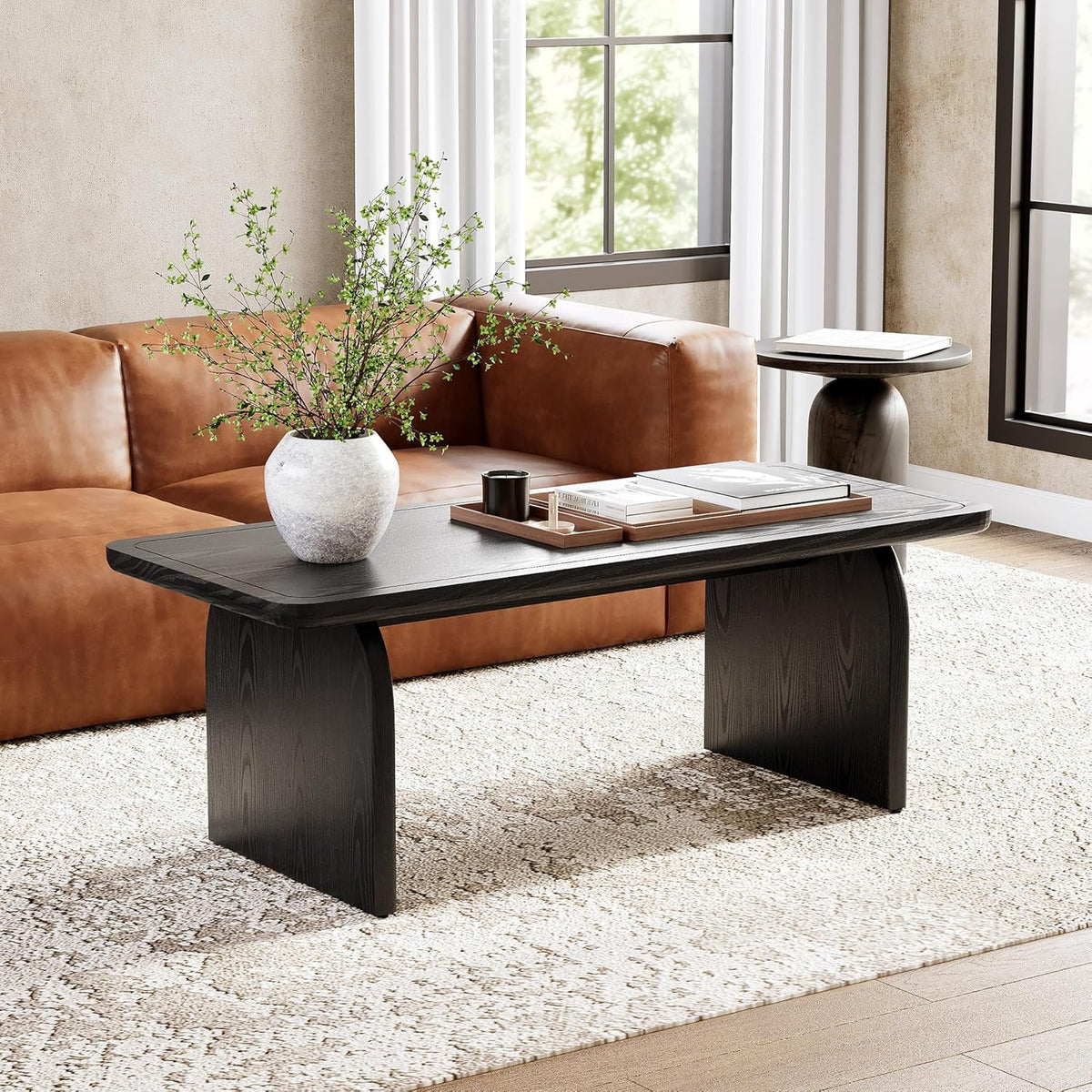 LITTLE TREE Farmhouse Coffee Table 47 Inch Round Corner Wood Center Table Rectangular