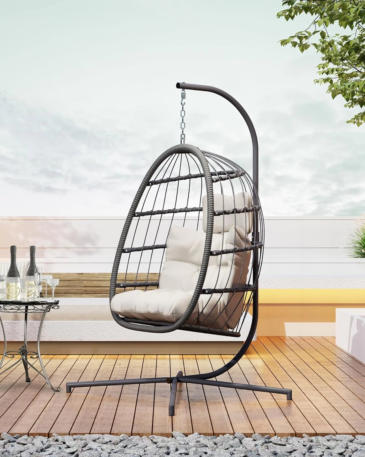HWB Hanging Egg Chair Patio Wicker Hammock Egg Swing Chair with Cushion for Bedroom