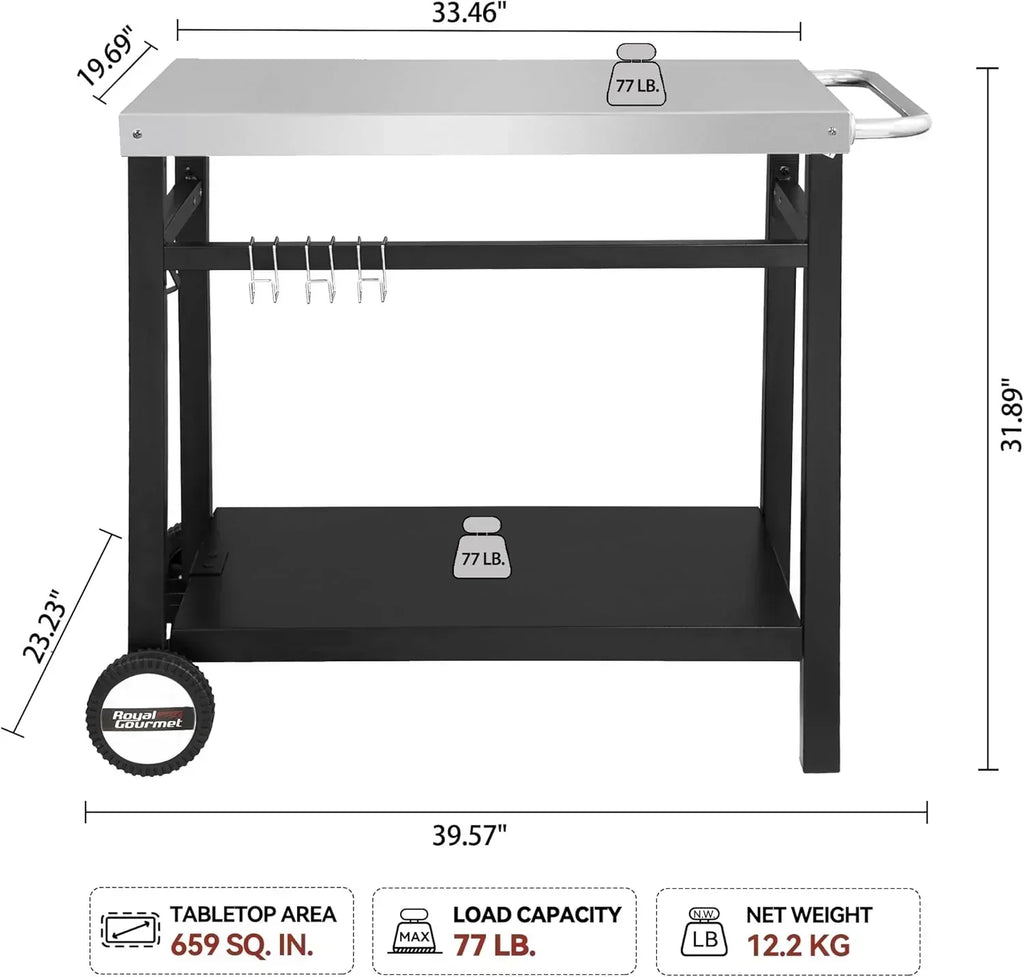 Royal Gourmet Dining Cart Table with Double-Shelf Movable Stainless Steel Flat Top Grill Cart