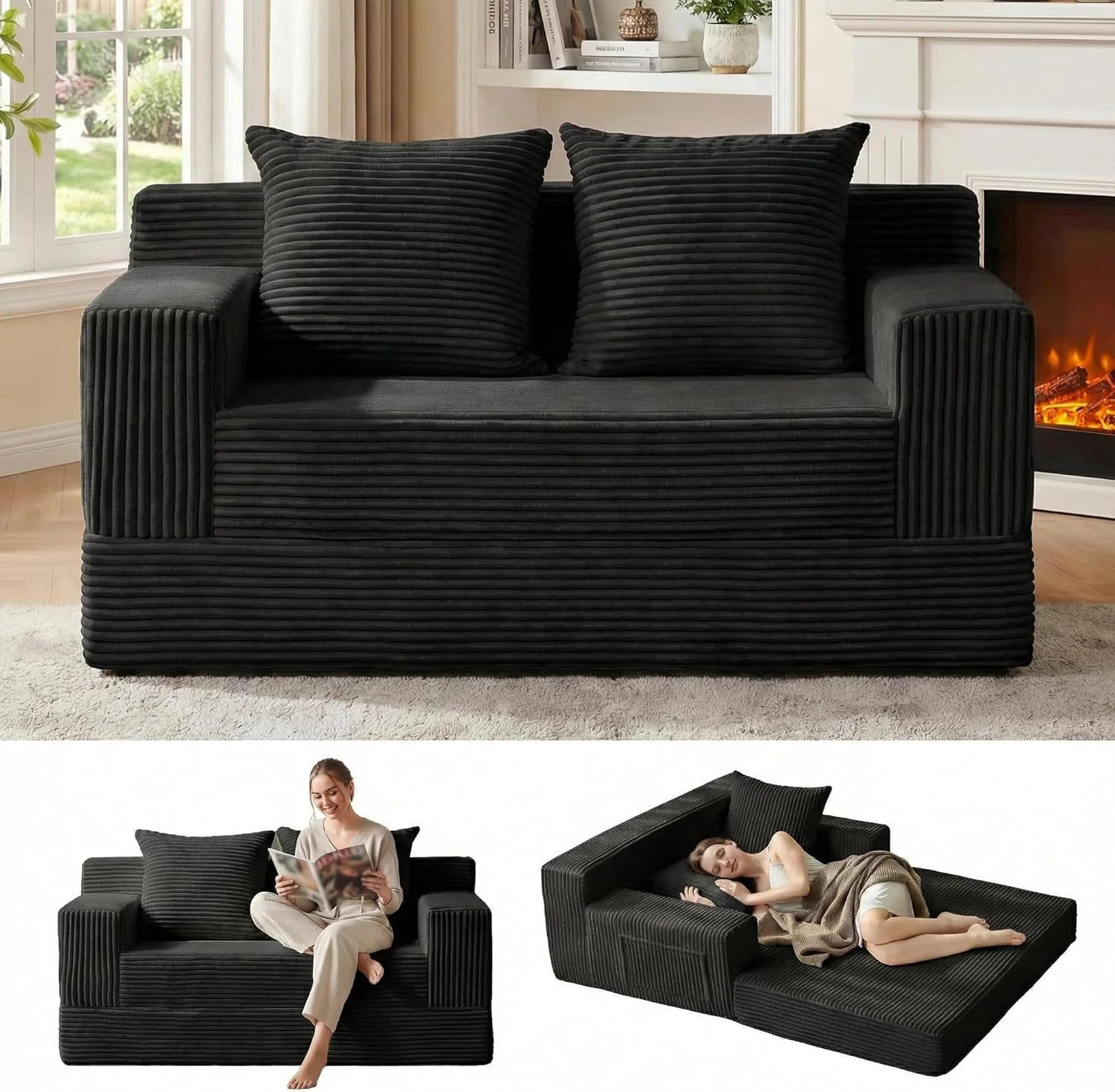 Loveseat Boneless Convertible Sofa Bed, Folding Floor Futon Sleeper Sofa Couch Bed- Boneless Foldable Couch, Corduroy Pull Out Sofa Bed with 2 Pillows for Living Room & Bedroom