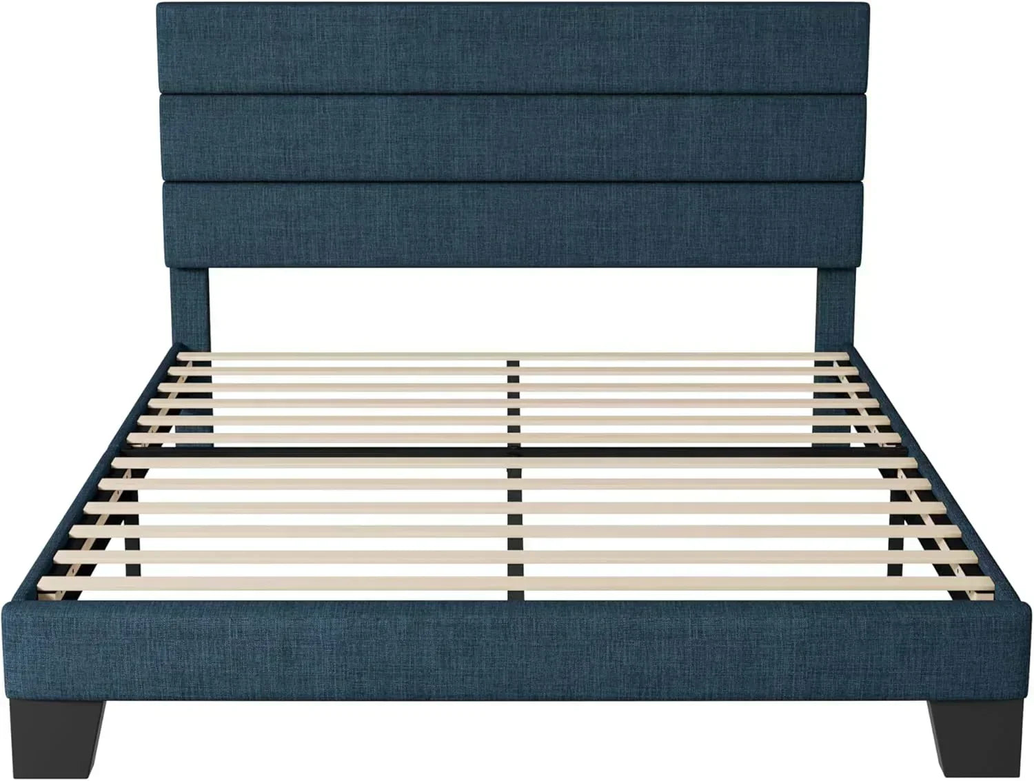 Allewie King size platform bed frame with velvet upholstered headboard and planks