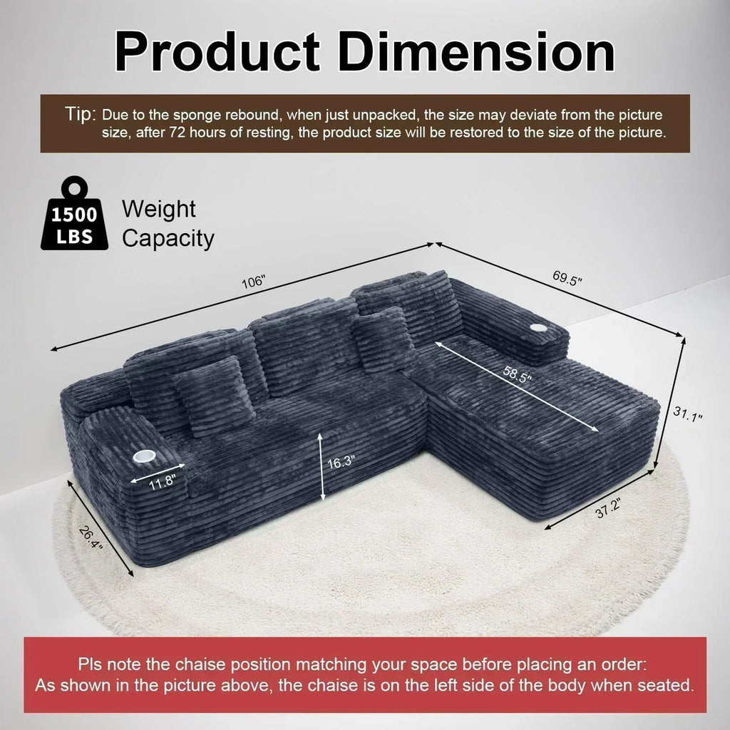 Cloud section sofa with L-shaped recliner modern modular sofa built-in cup holder