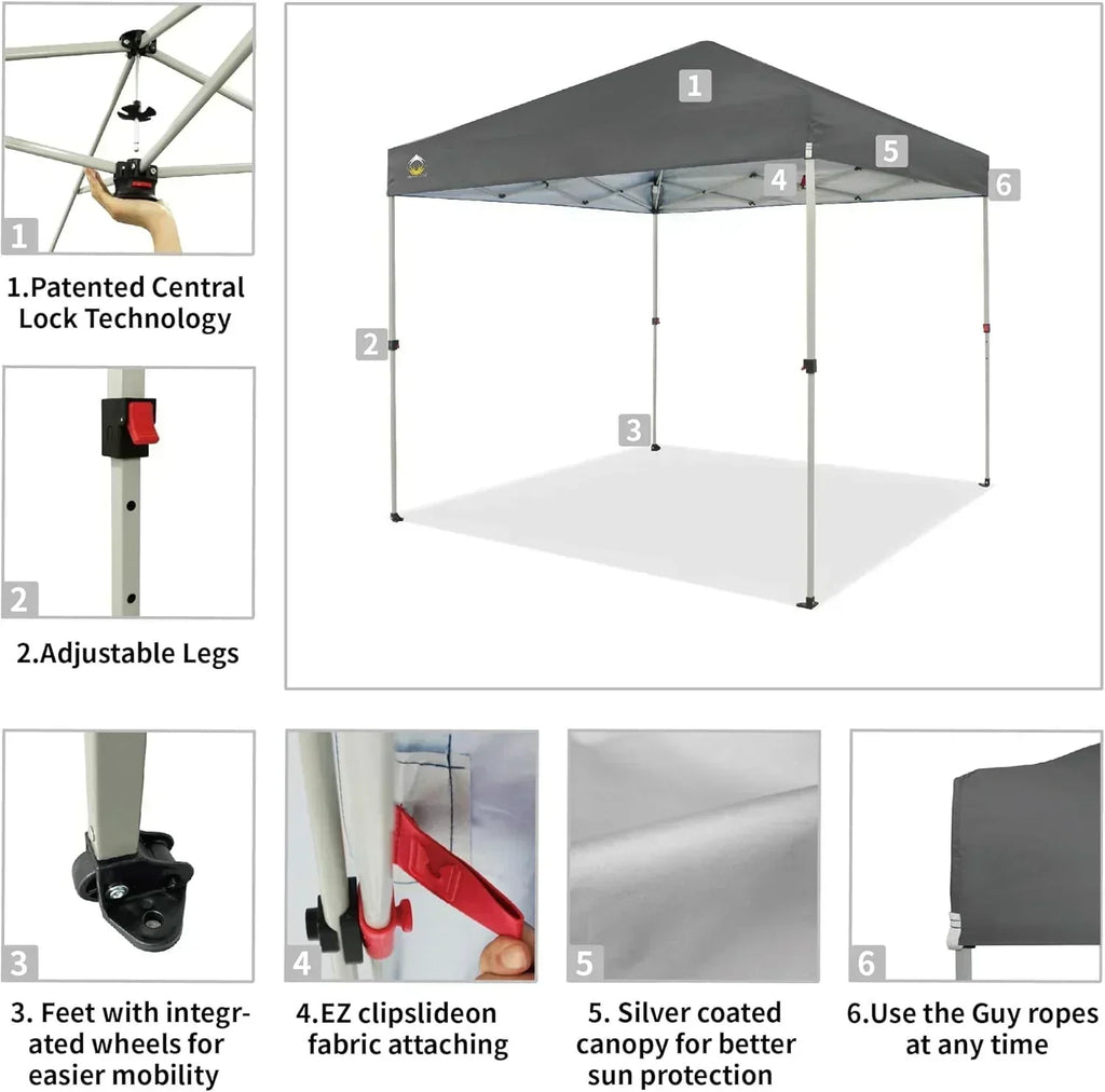 10x10 Pop-Up Awning One-Click Installation Beach Tent Outdoor Sunshade Silver Coated Top