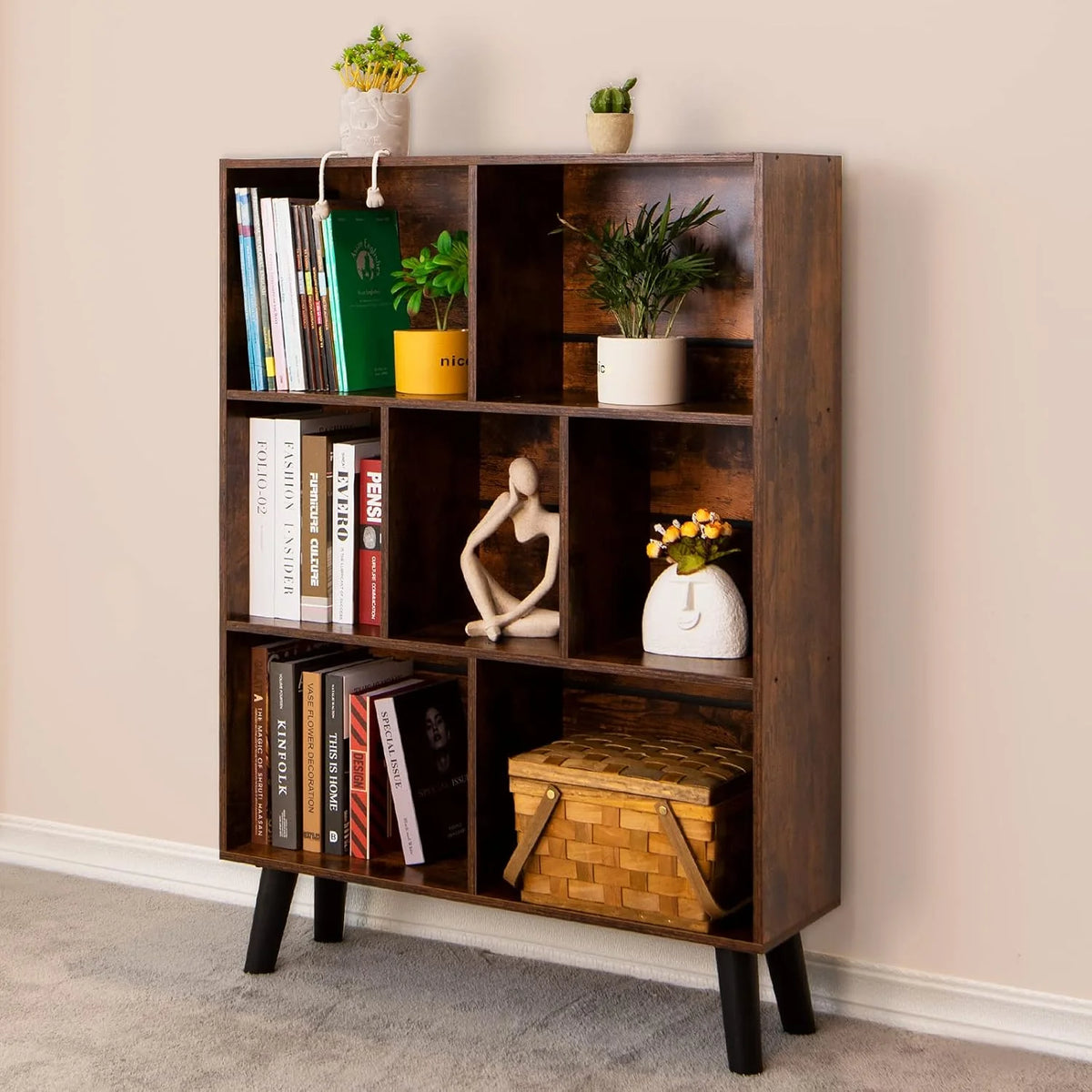 LEYAOYAO Wooden 7 Cube Book Shelf Natural Bookshelf Legs Modern Open Storage Organizer