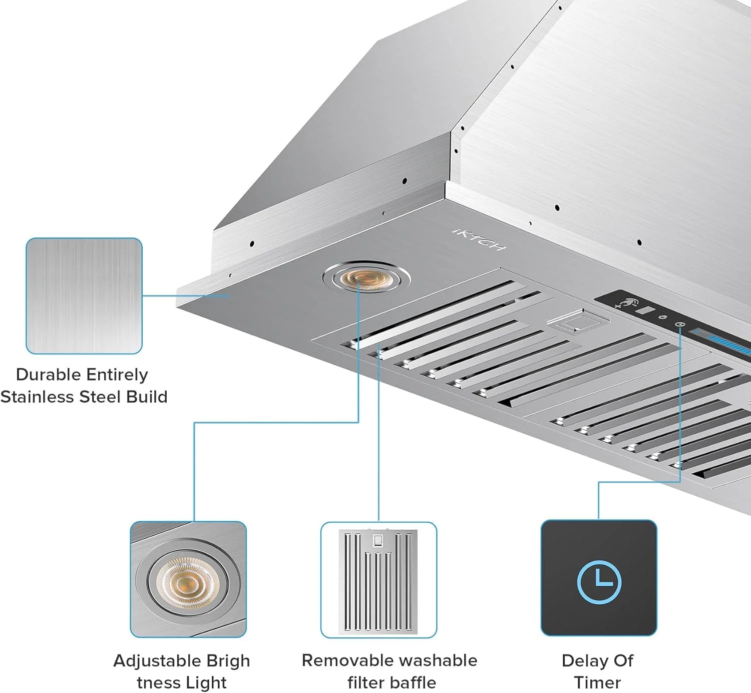 IKTCH 30 Built-in/Plug-in Range Hood 900 CFM, Ducted/Ductless Convertible Ducted, Stainless Steel Kitchen Range Hood