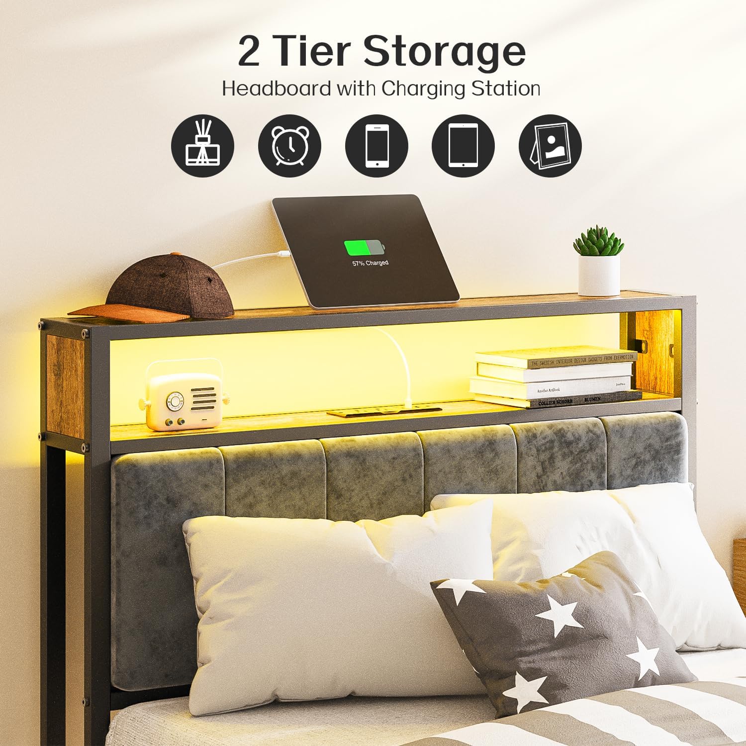 OLEVS Single Bed Frame LED Light Storage Headboard Type C Charging Station Metal Platform Bed